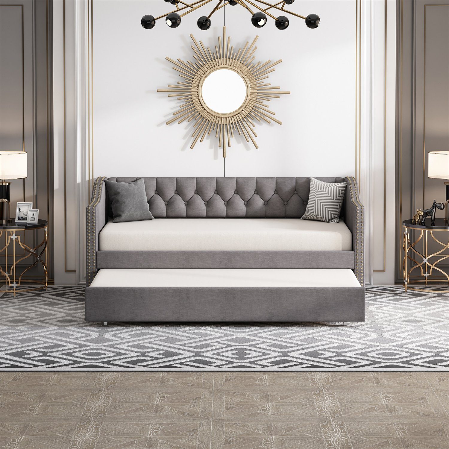 Daybett (Polsterbett mit Ausziehbarem Unterbett und Lattenrost), Schlafsofa Kinderbett Gästebett 90x200cm, Leinen
