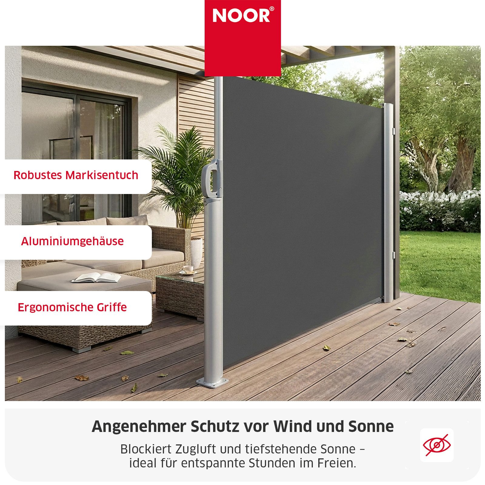 NOOR Seitenmarkise EXKLUSIV - ausziehbar - Sichschutz für Balkon, Terrasse & Garten UV-beständig, inklusive Montagematerial für Wand- und Bodenmontage
