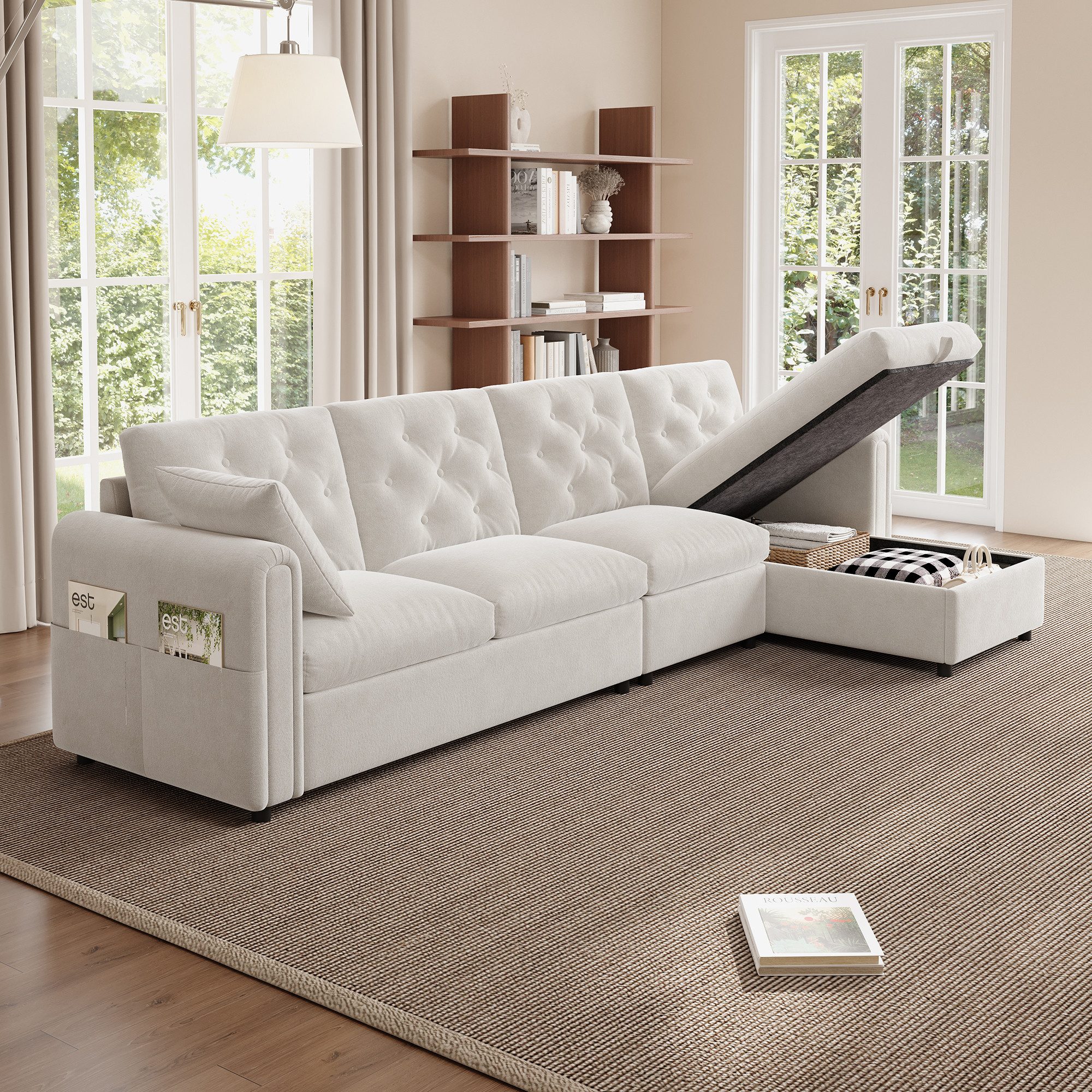 REDOM Sofa L-förmiges Samtsofa, mit Stauraum & Schlaffunktion, verstellbare Armlehnen mit Magazintaschen, graues/beiges 1 Teile