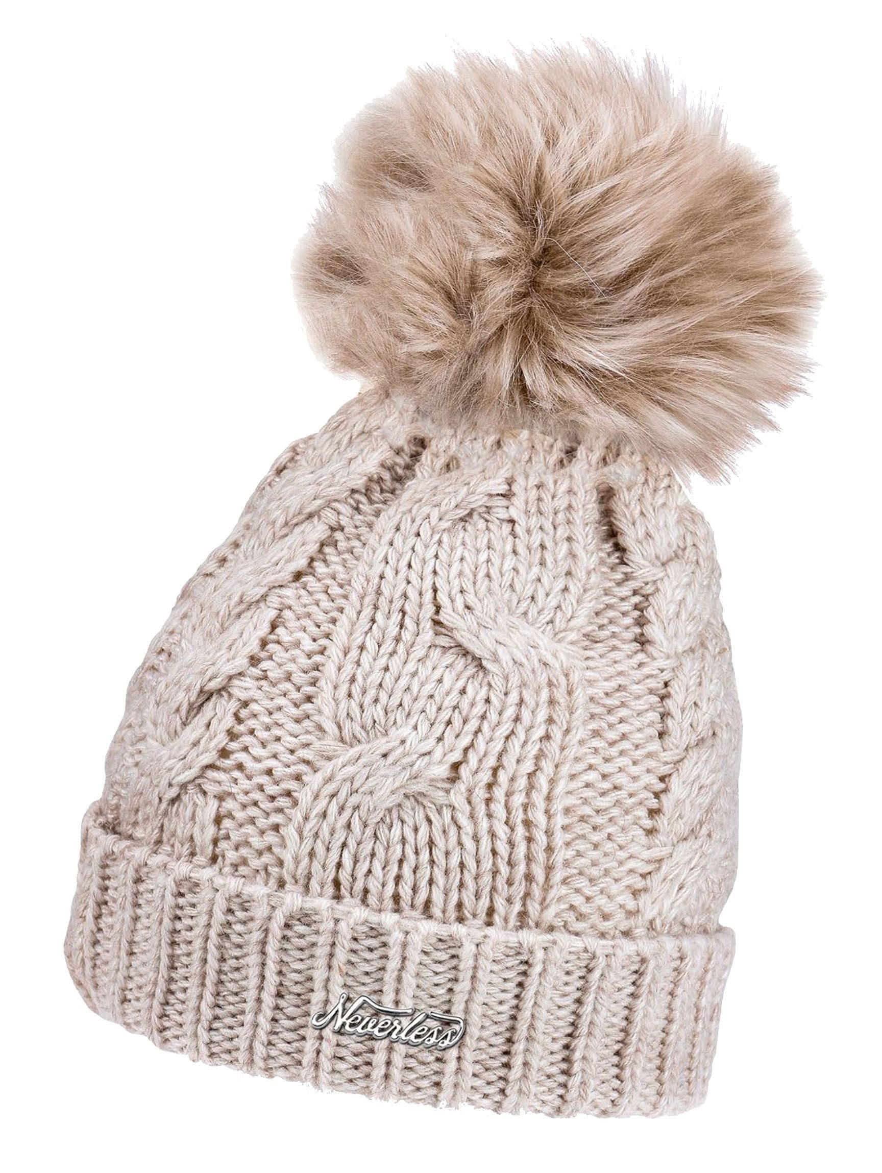 Neverless Strickmütze Damen Strickmütze mit Bommel Grobstrick Pudelmütze mit Fellbommel