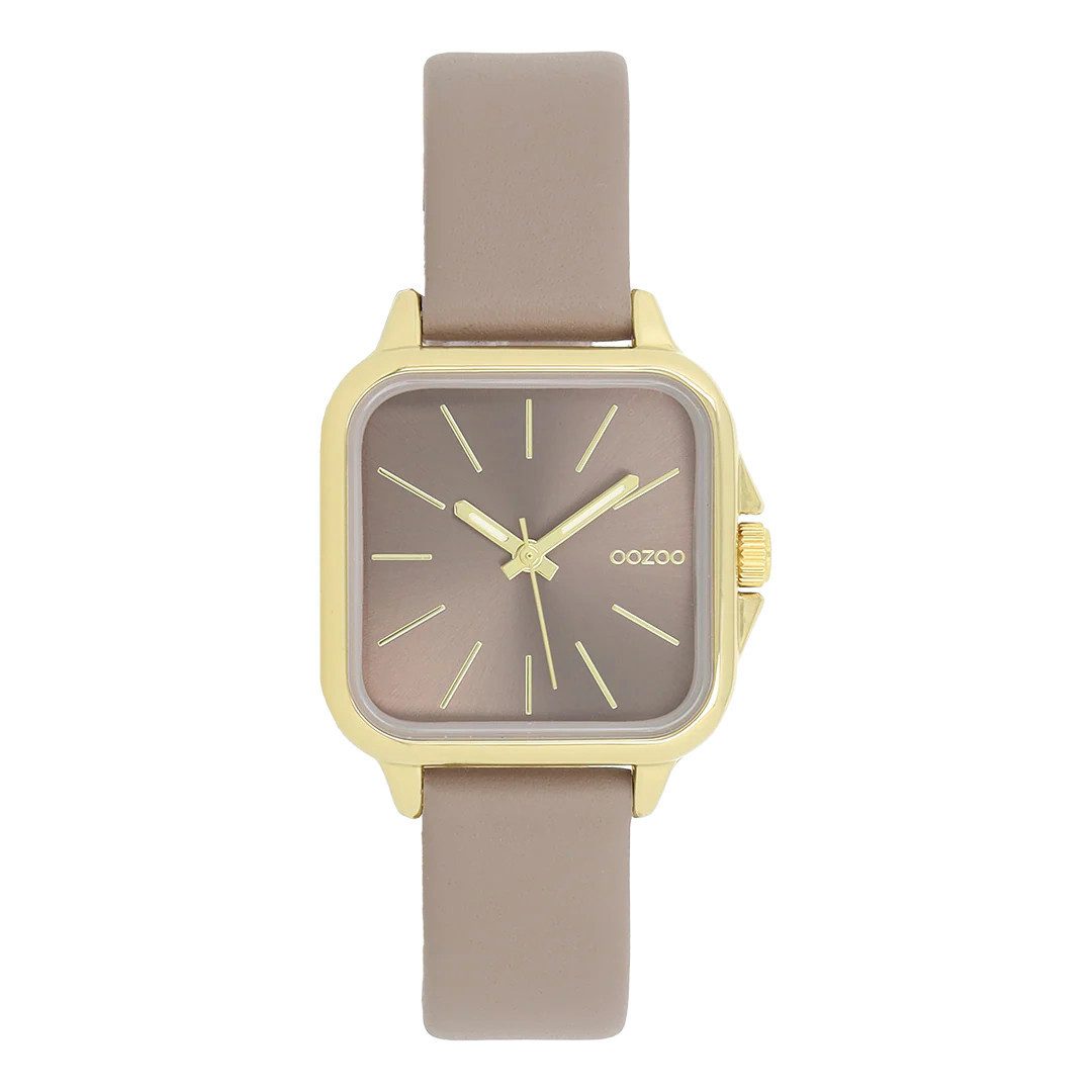 Quarzuhr Damenuhr, 27×27 mm – IP-goldene Uhr mit taupefarbenem Lederarmband C11612