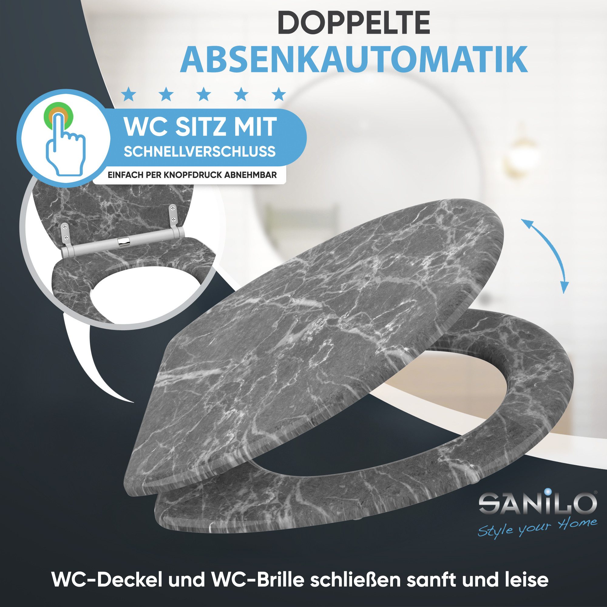 Sanilo WC-Sitz Marmor Grau mit Absenkautomatik & Quick Release, Premium Toilettendeckel, abnehmbar, leichte Montage von oben