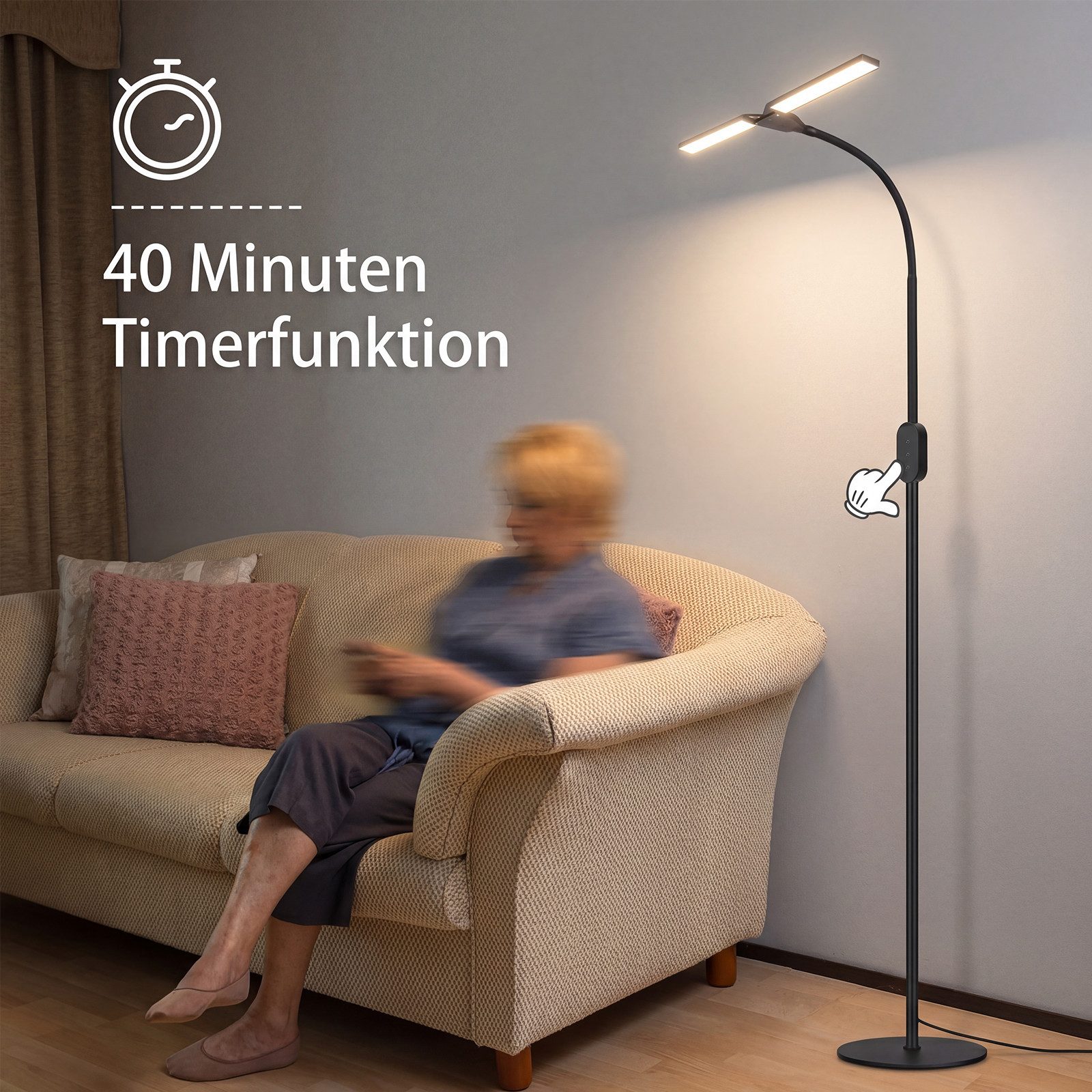 ZMH LED Stehlampe LED dimmbar Leselampe 9W Timer Memory einstellbar Touch, dimmbar, LED fest integriert, flexibel verstellbar, schwenkbar