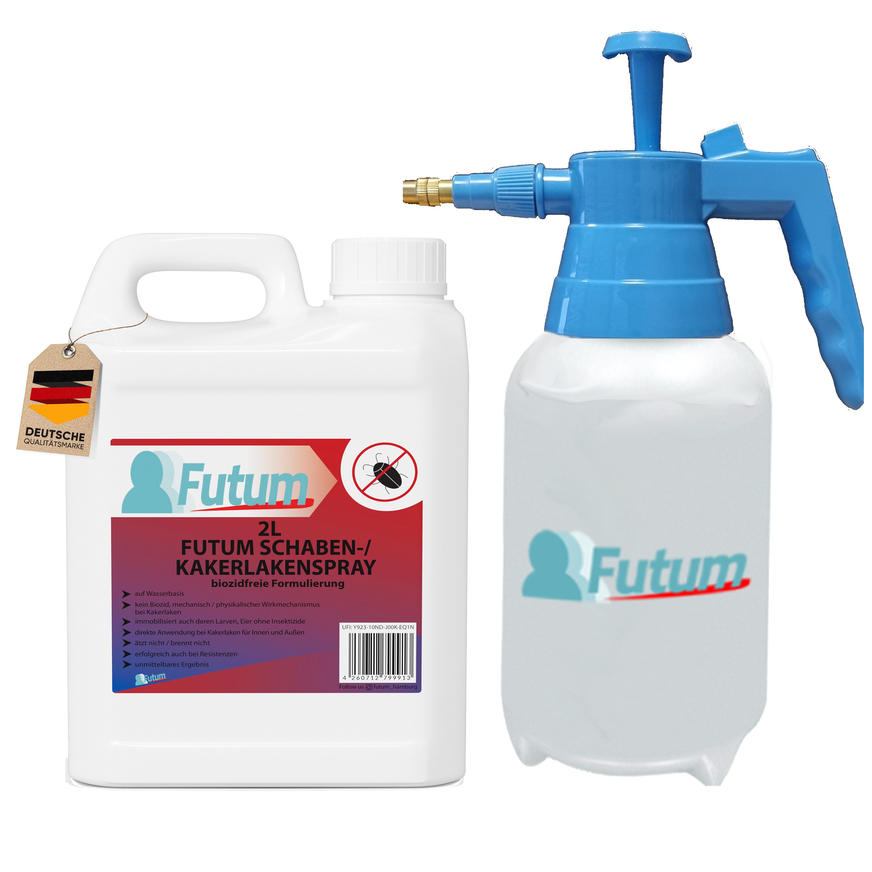 FUTUM Insektenspray Kakerlaken Spray Schaben Spray Küchenschaben Abwehr, 2 l, biozidfreie Formel, auf Wasserbasis, geruchsarm, brennt / ätzt nicht