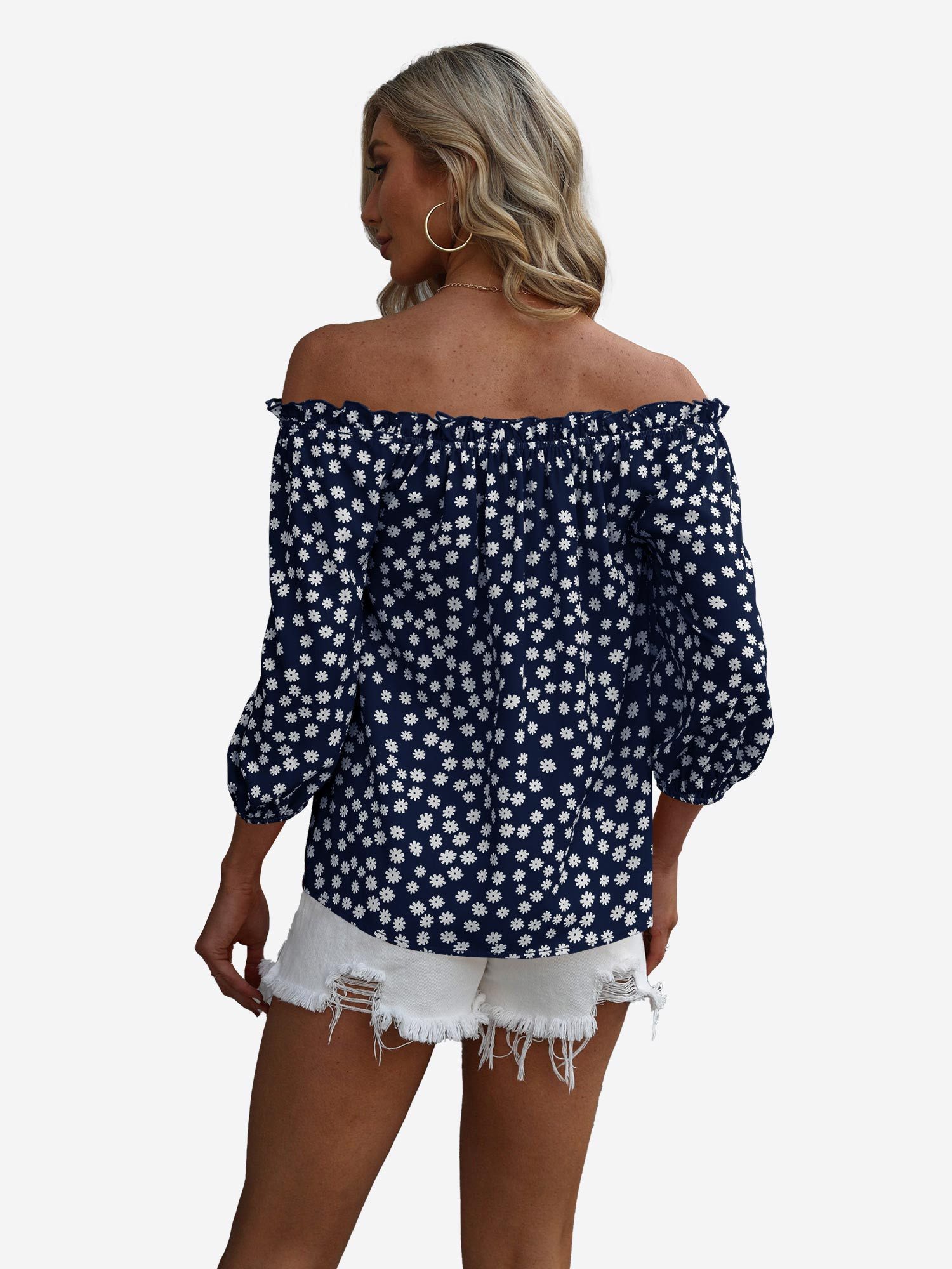 Imily Bela Druckbluse Damen Off-Shoulder mit Blumenmuster und 3/4-Ärmeln Casual Oberteil (Packung, 1-tlg., 1per-Pack) mit allover Print