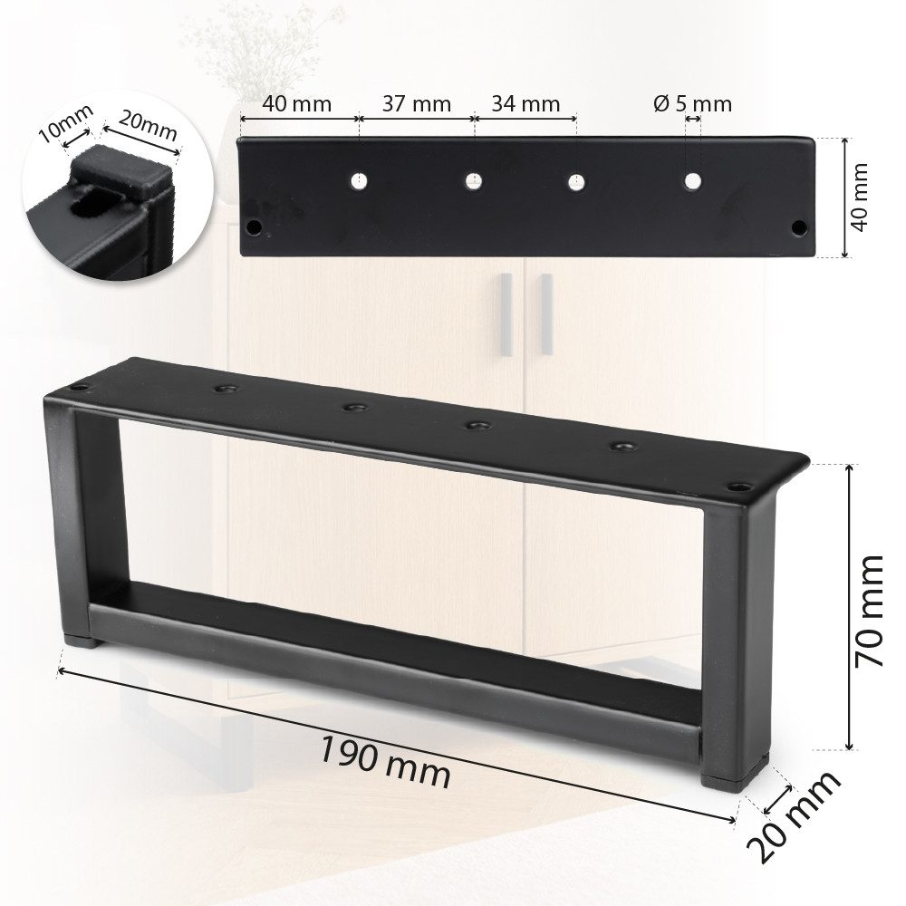 Prima-Online Möbelfuß Möbelbein Metall Rechteckig, 190x70 mm, Industriedesign, Schwarz, (Stück, 1-St)