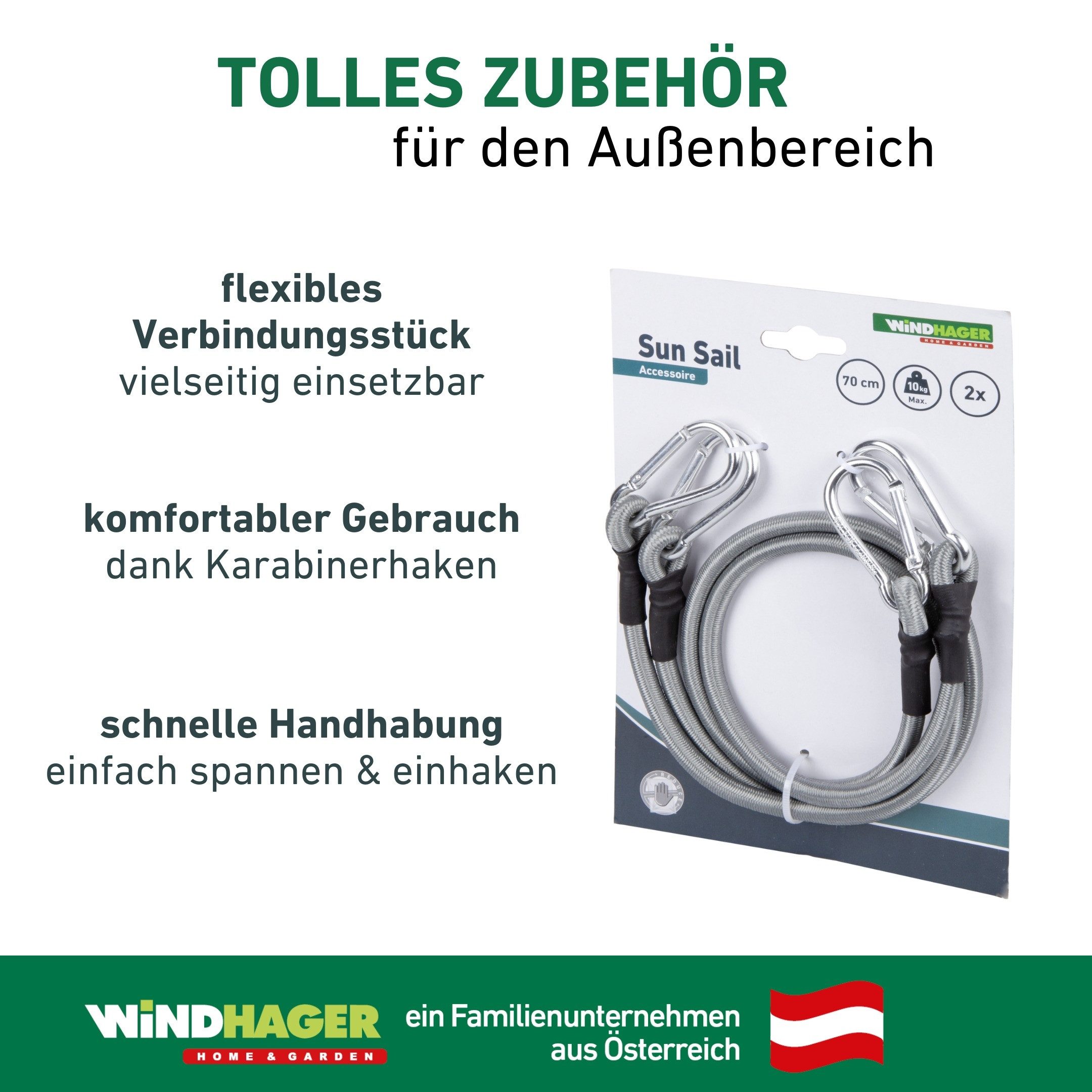 Windhager Seilhaken Expanderseil inkl. Karabinerhaken, 2 Stk., elastisches Spannseil, (Packung, 2-St), zum Auf- und Abspannen von Sonnensegel, Gepäckspanner 70 cm