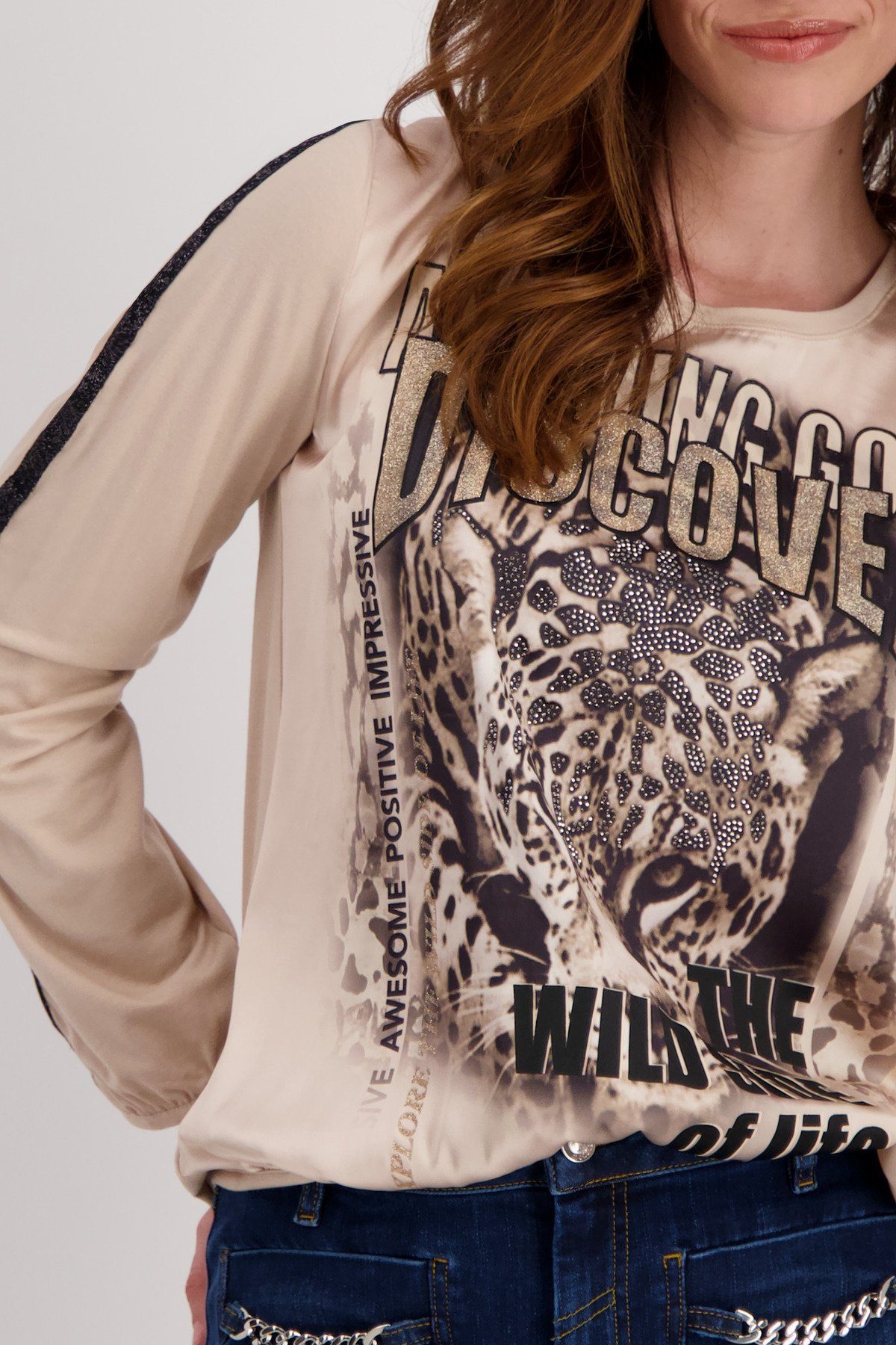Schluse mit & Glitzerschrift T-Shirt Langarmshirt Monari Leopard