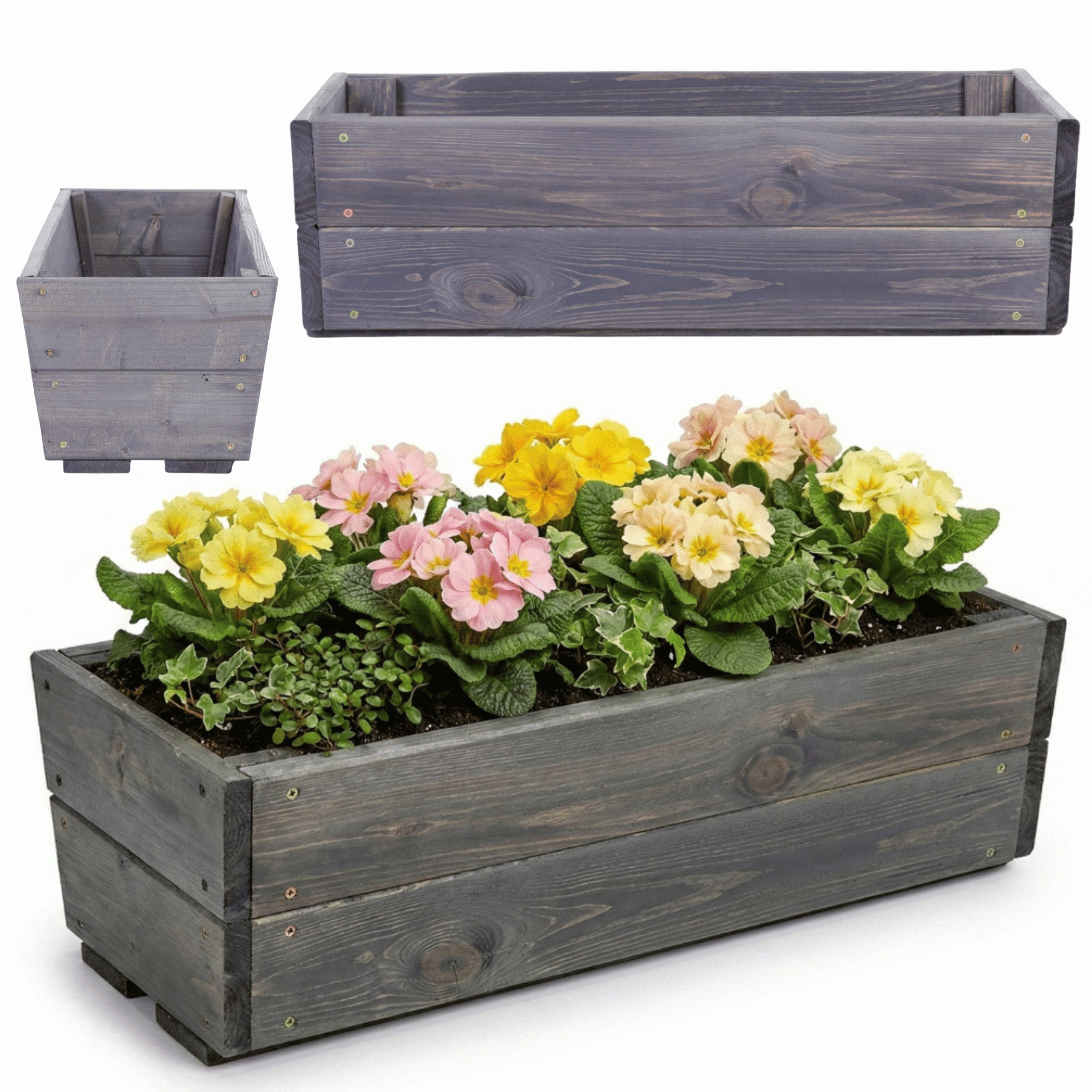 Modo24 Blumenkasten Pflanzkasten aus Holz, Pflanzkübel für Kräuter, Kiefernholz (rechteckiger, für Balkon und Fensterbank), Wetterfest, Stabil & Dekorativ, 3 Größen, 4 Farben