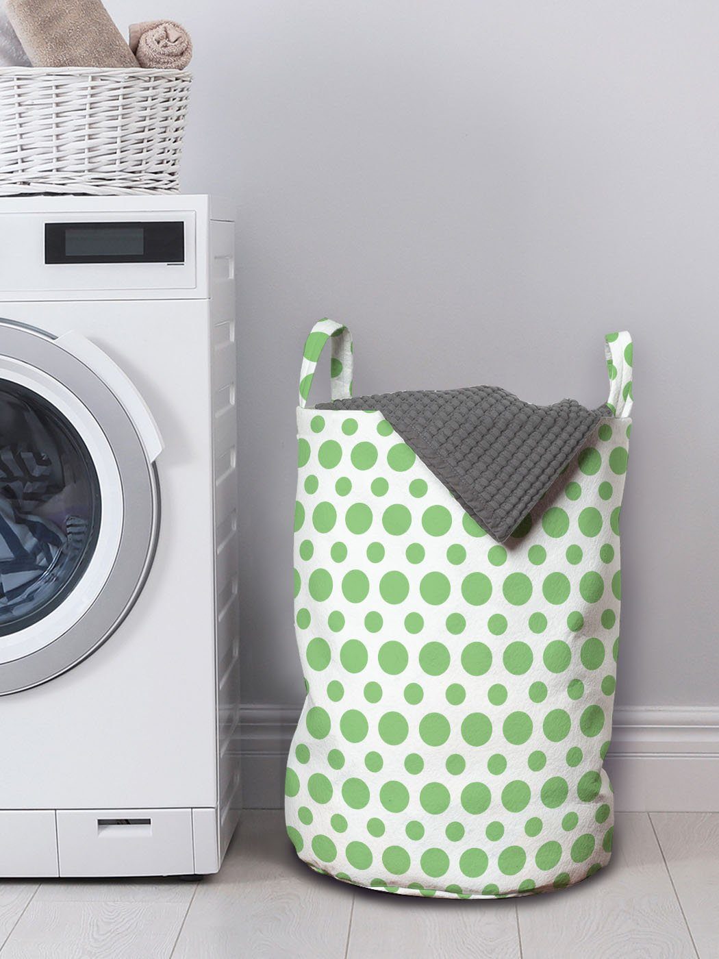 Pop-Art Retro Kordelzugverschluss mit Wäschekorb Wäschesäckchen Griffen Abakuhaus Waschsalons, für Style-Punkte Grün