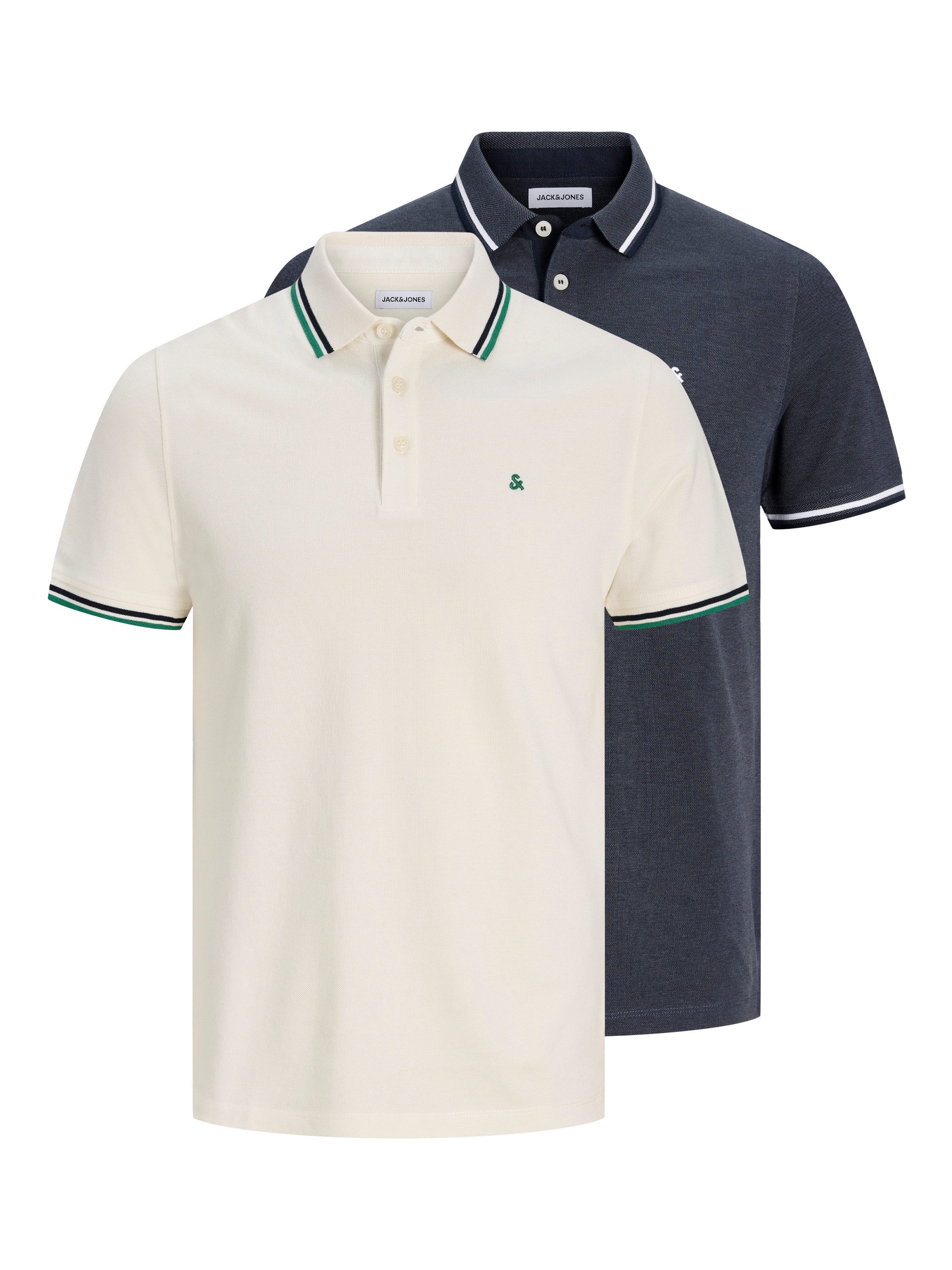 Jack & Jones Poloshirt JJEPAULOS im Doppelpack mit Logostickerei und Komfort (Packung, 2-tlg., 2er-Pack) unifarben mit Farbeinsatz, modisch, schmal, Baumwolle, Polokragen