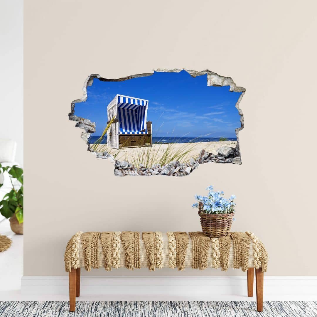 Maritime 3D Art Mauerdurchbruch K&L Küste Wandtattoo Aufkleber Wandtattoo Wandsticker, Strandkorb selbstklebend Wandbild Shabby Chic Wall