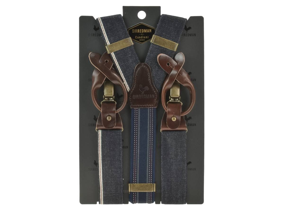 130cm Y-Form, Denim Knopflaschen, Hosenträger Hosenclips, Trägerbreite, Sir 35mm Redman blue-brown Holländer