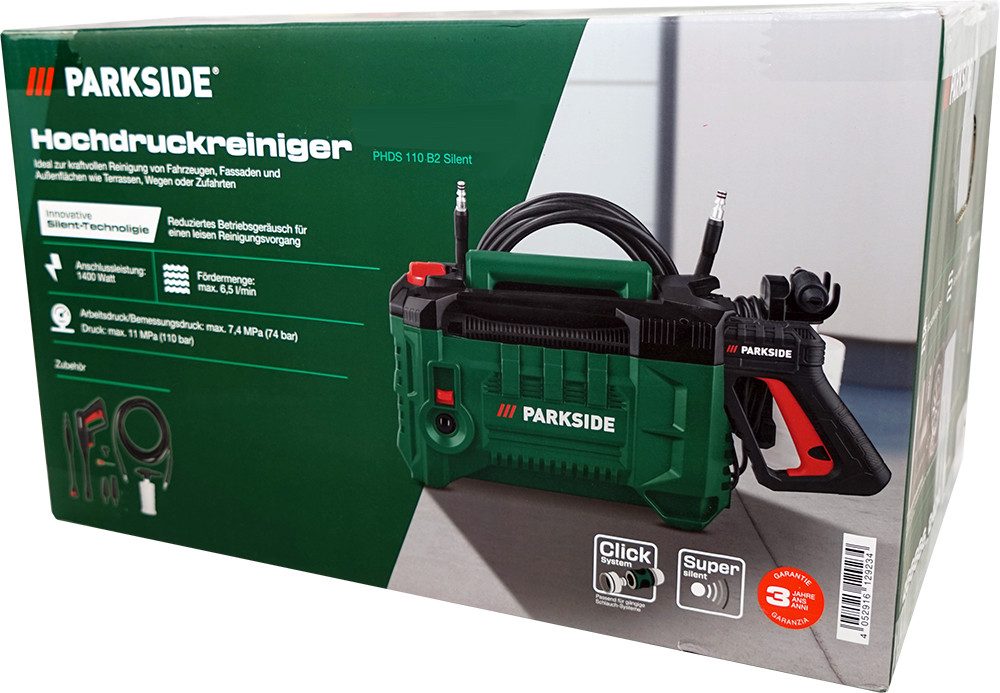 Parkside Hochdruckreiniger PHDS 110, 1400 W, Druck max: 110 bar, Fördermenge max: 390 l/h, 8 m Anti-Twist-Hochdruckschlauch mit Schnellanschluss