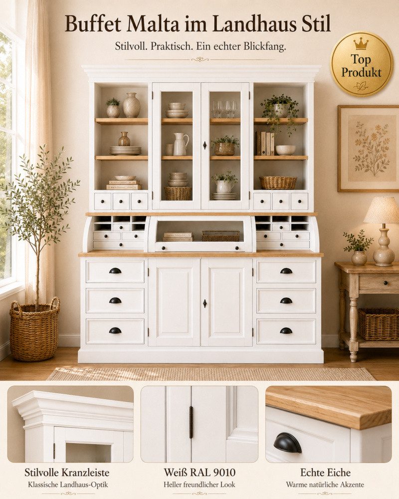 Wohnpalast Buffet Landhaus Buffet Schrank Malta Ladenschrank weiss mit Eiche 200 cm