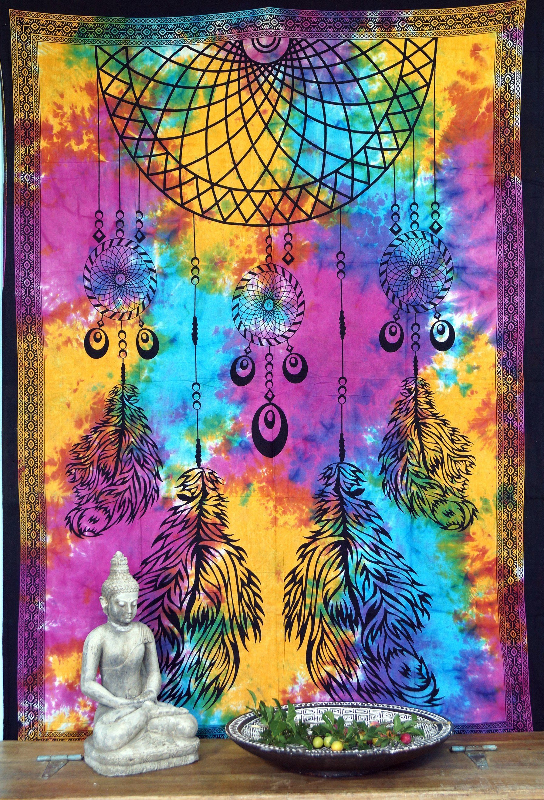 Boho-Style Traumfänger Chakra Wandbehang, Regenbogen indische Tagesdecke / Guru-Shop Tagesdecke -..,