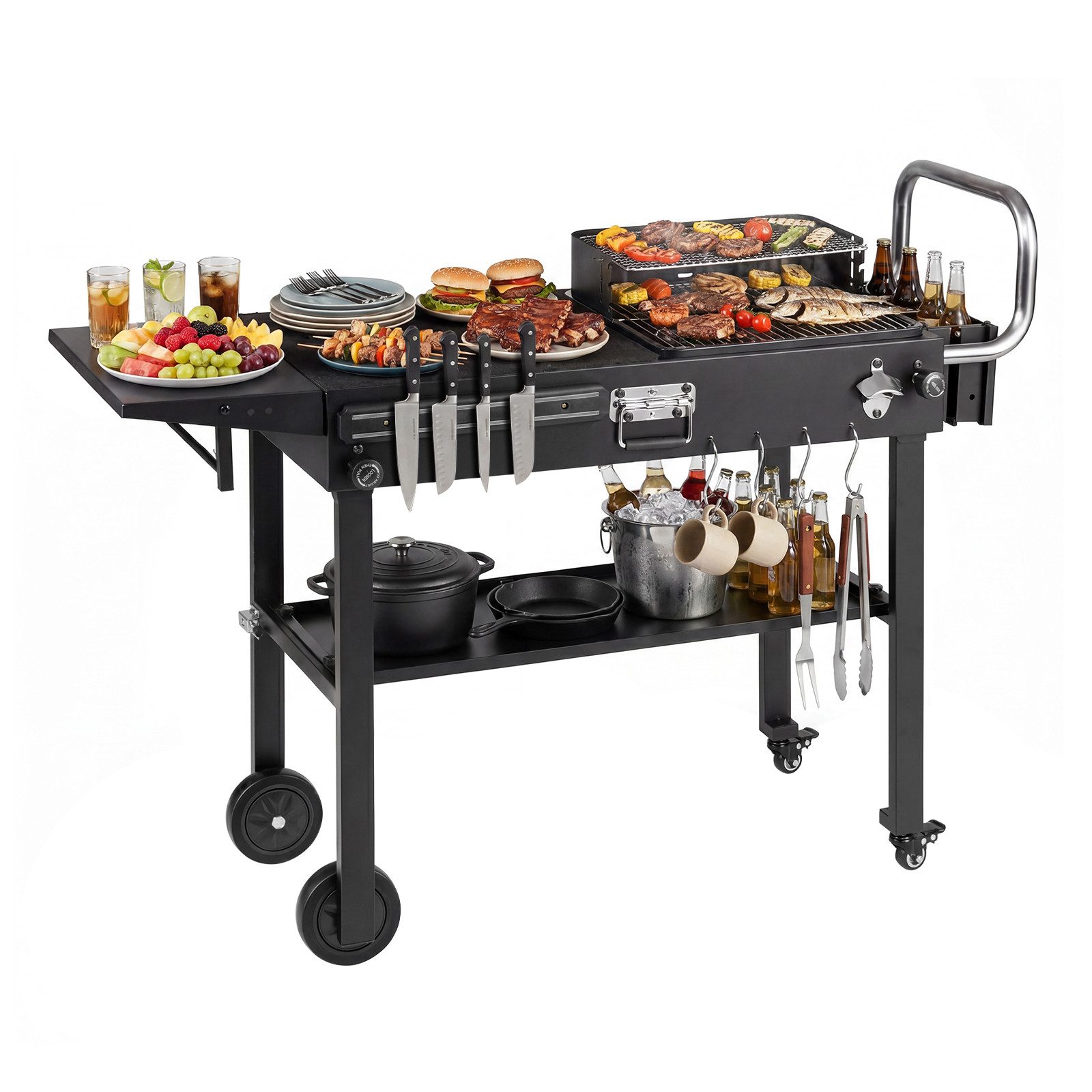 COSTWAY Grillablagetisch, Grillwagen mit klappbarer Tischplatte, seitlicher Ablage