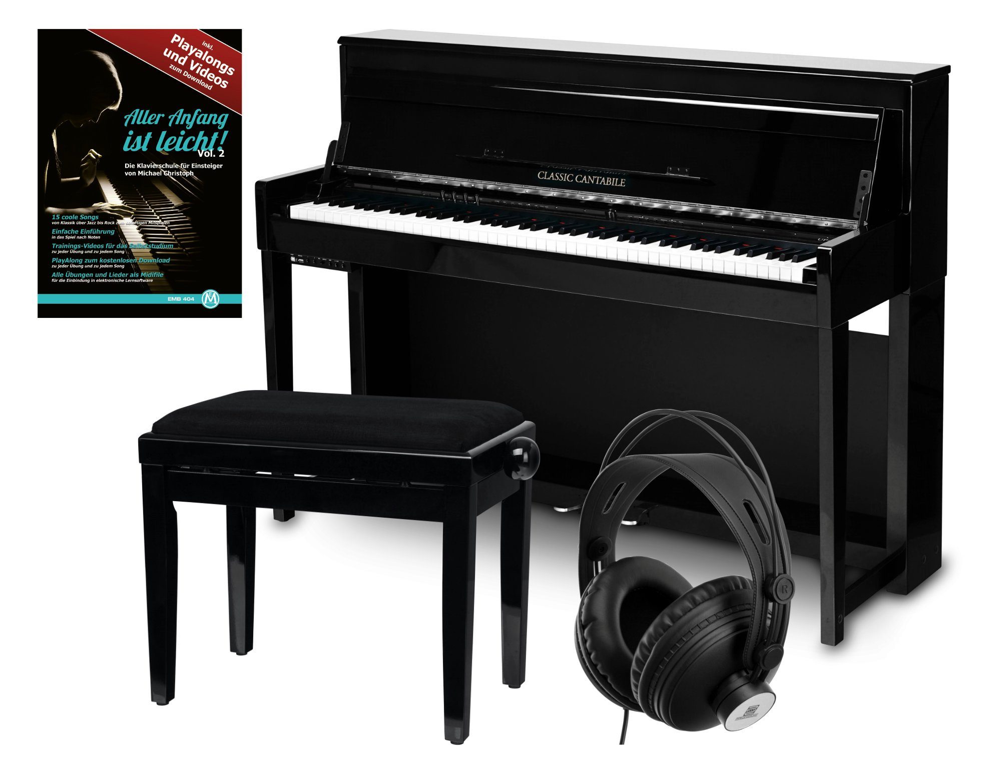 Classic Cantabile Digitalpiano UP-1 E-Piano Set - 88 gewichtete Tasten mit Graded Hammer-Tastatur (Spar-Set, inkl. Klavierbank, Kopfhörer & Schule), mit 40 Sounds und 256-fache Polyphonie