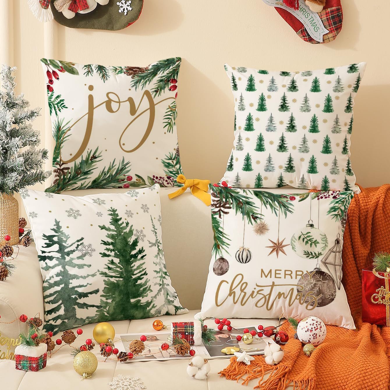 Coonoor Kissenbezug 4er Set Weihnachtskissenbezüge, Weihnachtsbaum und Schneeflocken Kissenbezüge