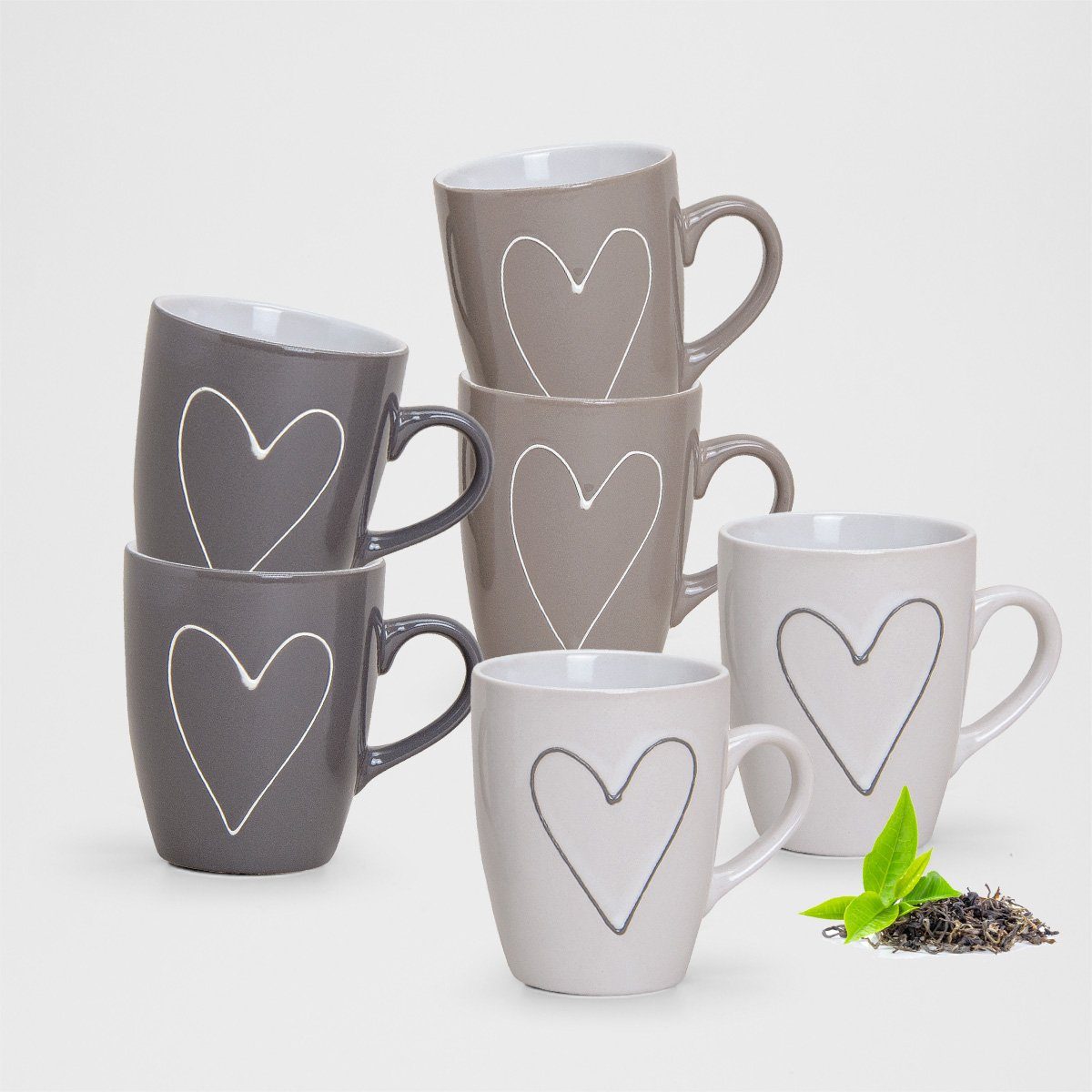 matches21 HOME & HOBBY Tasse Schöne Кофейные чашки 6er Set einfarbig mit Herzen Landhaus-Stil, Keramik, Tee Kaffee-Becher, modern, grau beige weiss, 250 ml