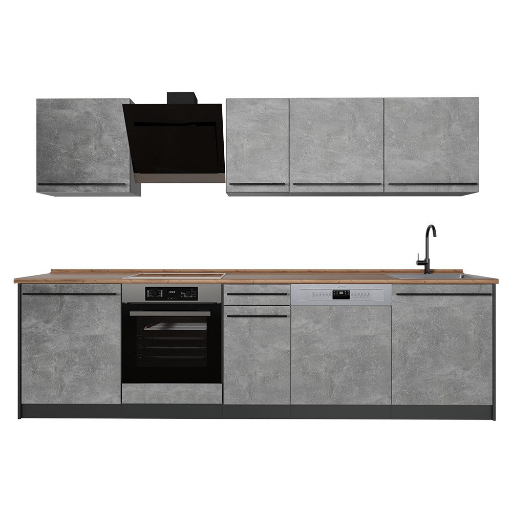 Vicco Küchenzeile R-Line, Beton/Anthrazit, 280 cm Arbeitsplatte Goldkraft Eiche