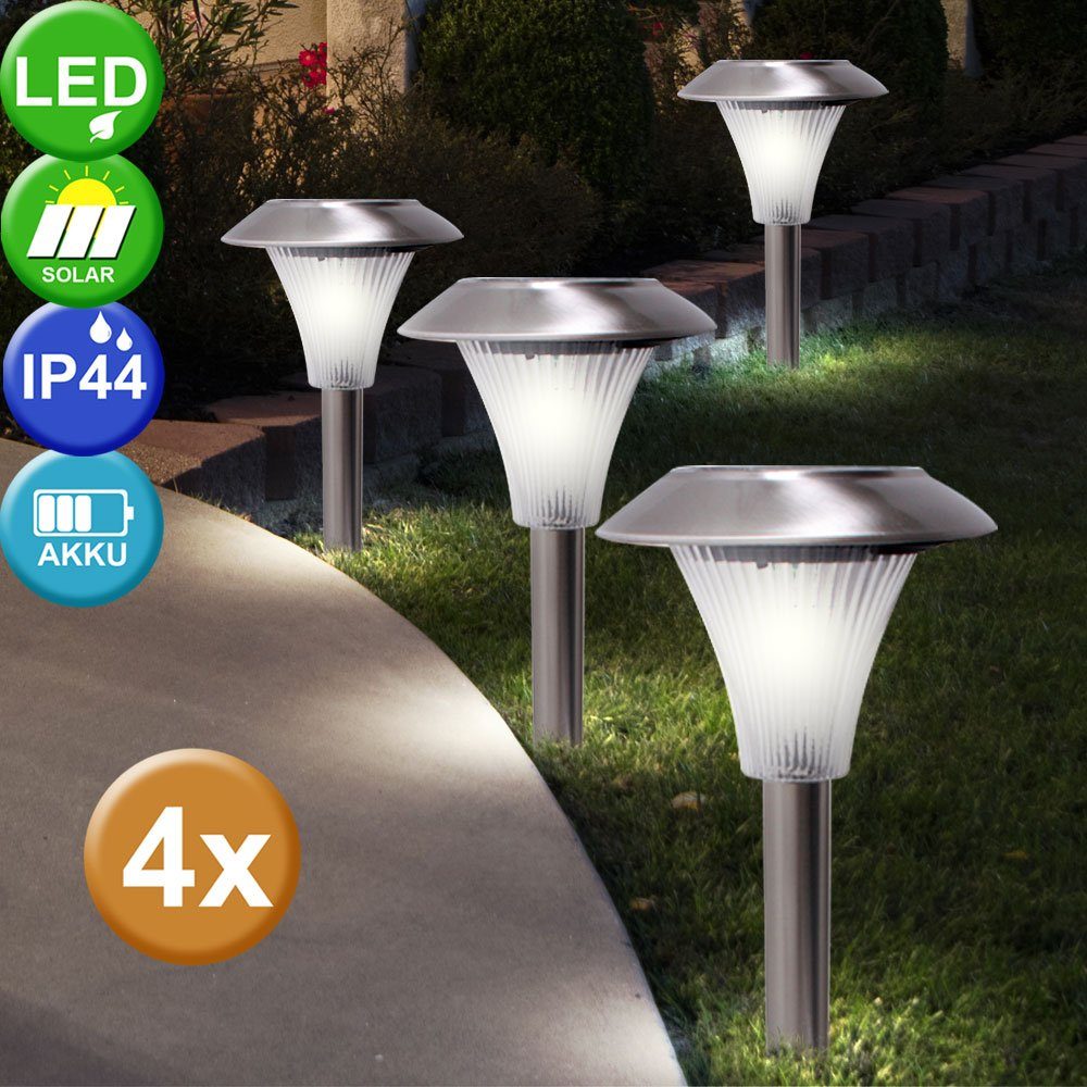 Leuchten fest etc-shop Garten LED-Leuchtmittel verbaut, LED SOLAR Gartenleuchte, Außen Warmweiß, Set Terrassen LED Steck 4er Edelstahl