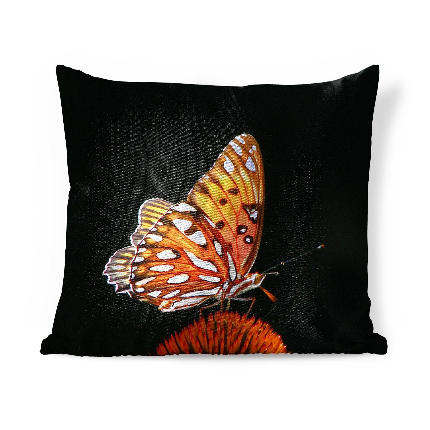 MuchoWow Dekokissen Schmetterling - Blumen - Insekt - Porträt - Schwarz - Orange, Zierkissen mit Füllung für Wohzimmer, Schlafzimmer, Deko, Sofakissen