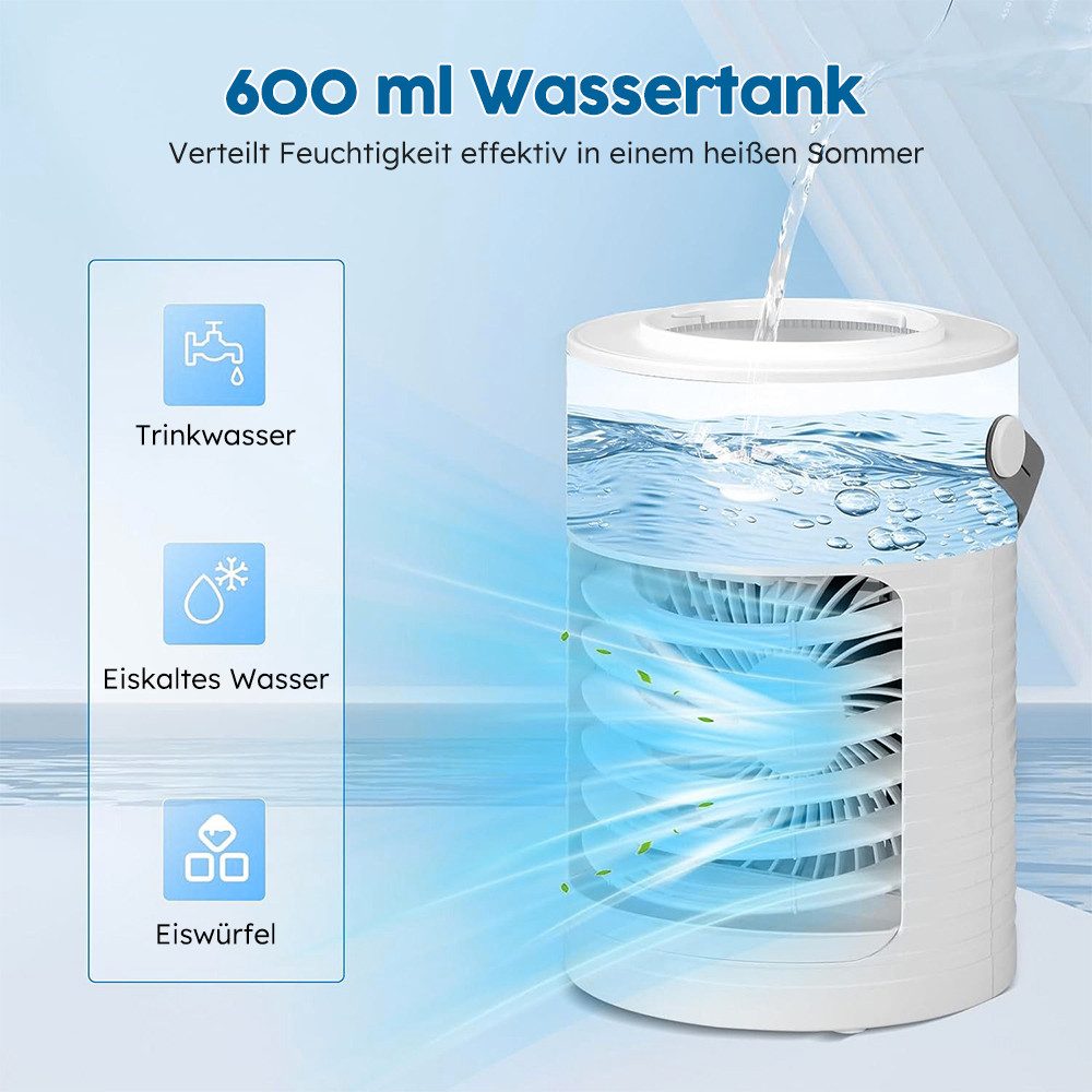 MOPUEA Ventilatorkombigerät Tragbarer Luftkühler Ventilator 4-in-1-Multifunktion-Kühlgebläse, Mobiler Luftkühler mit Wasserkühlung, 6W, 600ML Wassertank