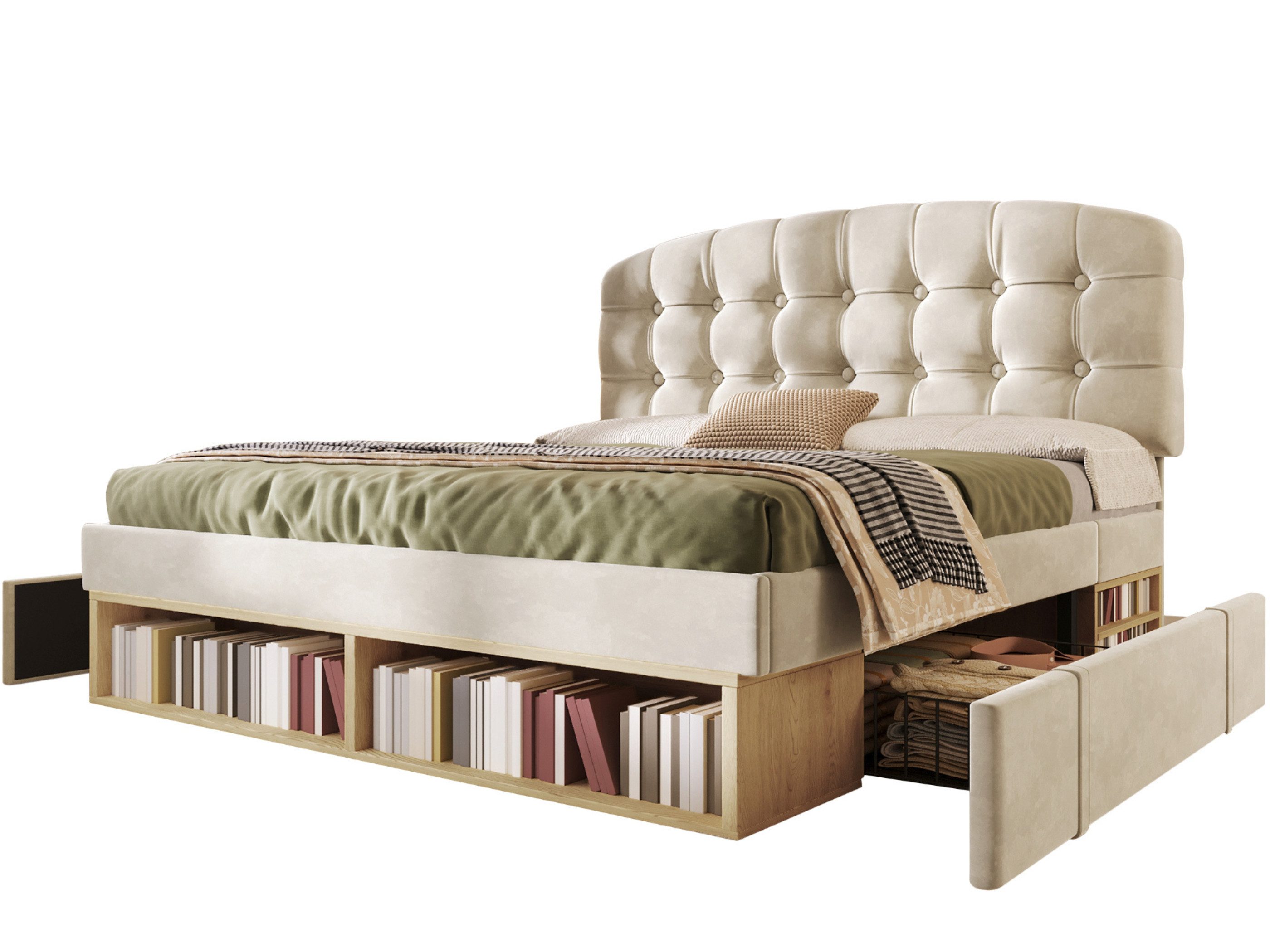 SeedWave Polsterbett Stauraumbett mit Samtbezug, Höhenverstellbarem Kopfteil 110-120cm, 140x190cm Doppelbett mit versteckten Schubladen, offene Ablagen