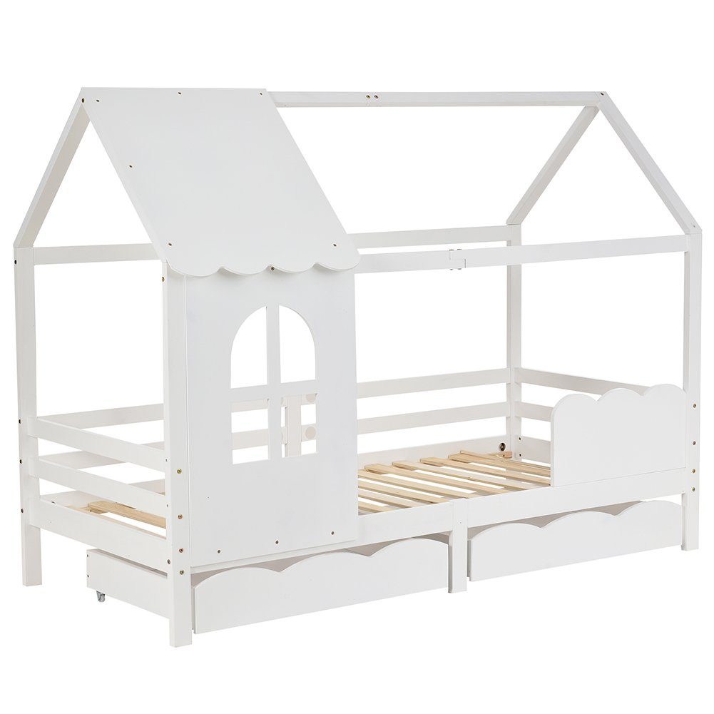 Hausbett (Kinderbett 200x90 cm), Jugendbett mit Rausfallschutz, 2 Schubladen und Lattenrost, Kiefer