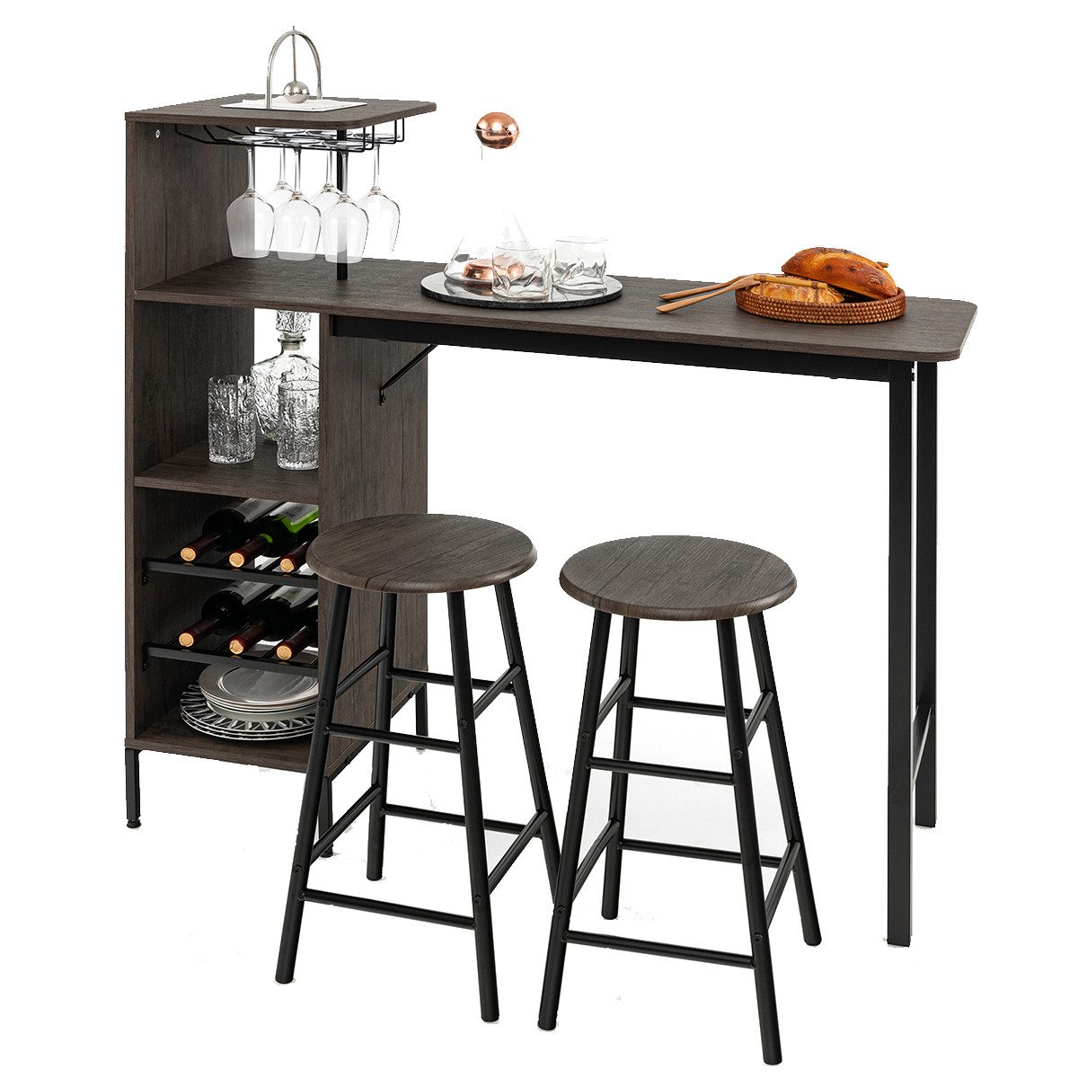 COSTWAY Bartisch (3 TLG. mit Hockern), mit Weinregal & Halterungen günstig online kaufen