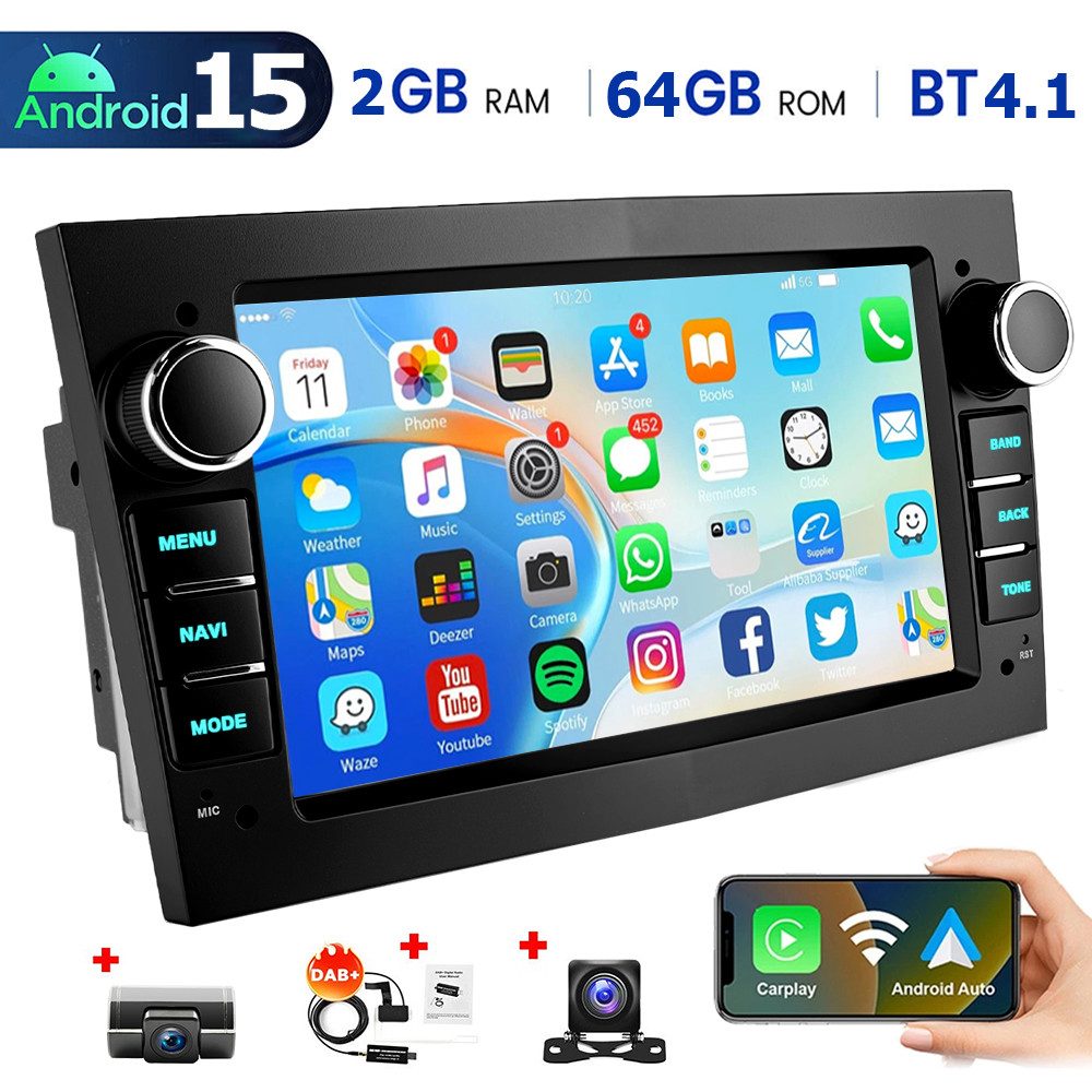 ESSGOO 7'' Android 15 Autoradio für Opel Astra H/Corsa C/D/Vectra C/Zafira h Autoradio (RDS, 4+64GB(optional), DAB (optional), FM, DAB+ (optional), SWC, Apple Carplay Android Auto GPS Navi WIFI BT EQ)