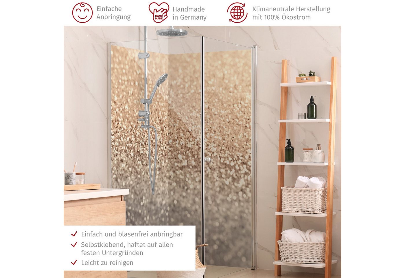 Thumbnail - Bilderdepot24 Badrückwand Muster gold Duschrückwand ohne Bohren Dusche Fliesenersatz, (2-tlg., Hart-Folie Smart matt 0,3...