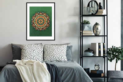 MuchoWow Poster Mandala - Hippie - Blumen - Orange, (1 St), Gerahmtes Poster, Wanddeko, Bilder, Wandposter, Schwarzem Bilderrahmen