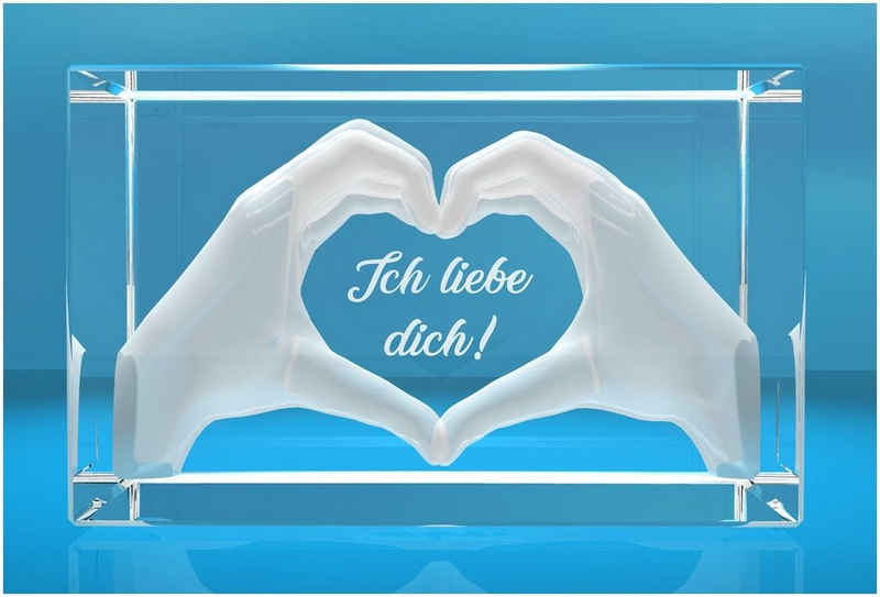 VIP-LASER Dekofigur 3D Glasquader I Herz aus Händen mit Gravur I Text: Ich liebe Dich!, Hochwertige Geschenkbox, Made in Germany, Familienbetrieb