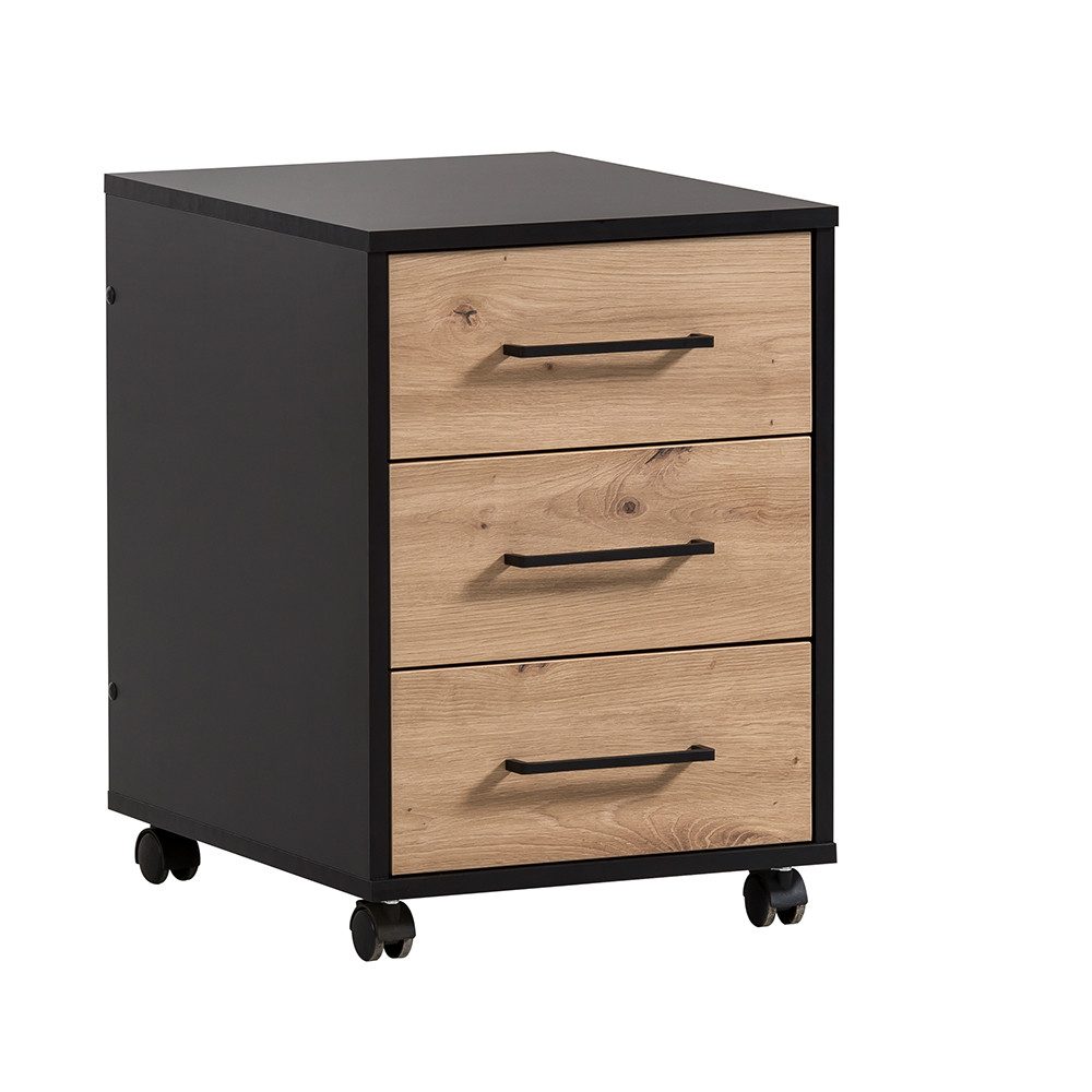 Lomadox Rollcontainer ALNWICK-80, in schwarz mit Eiche, rollbar