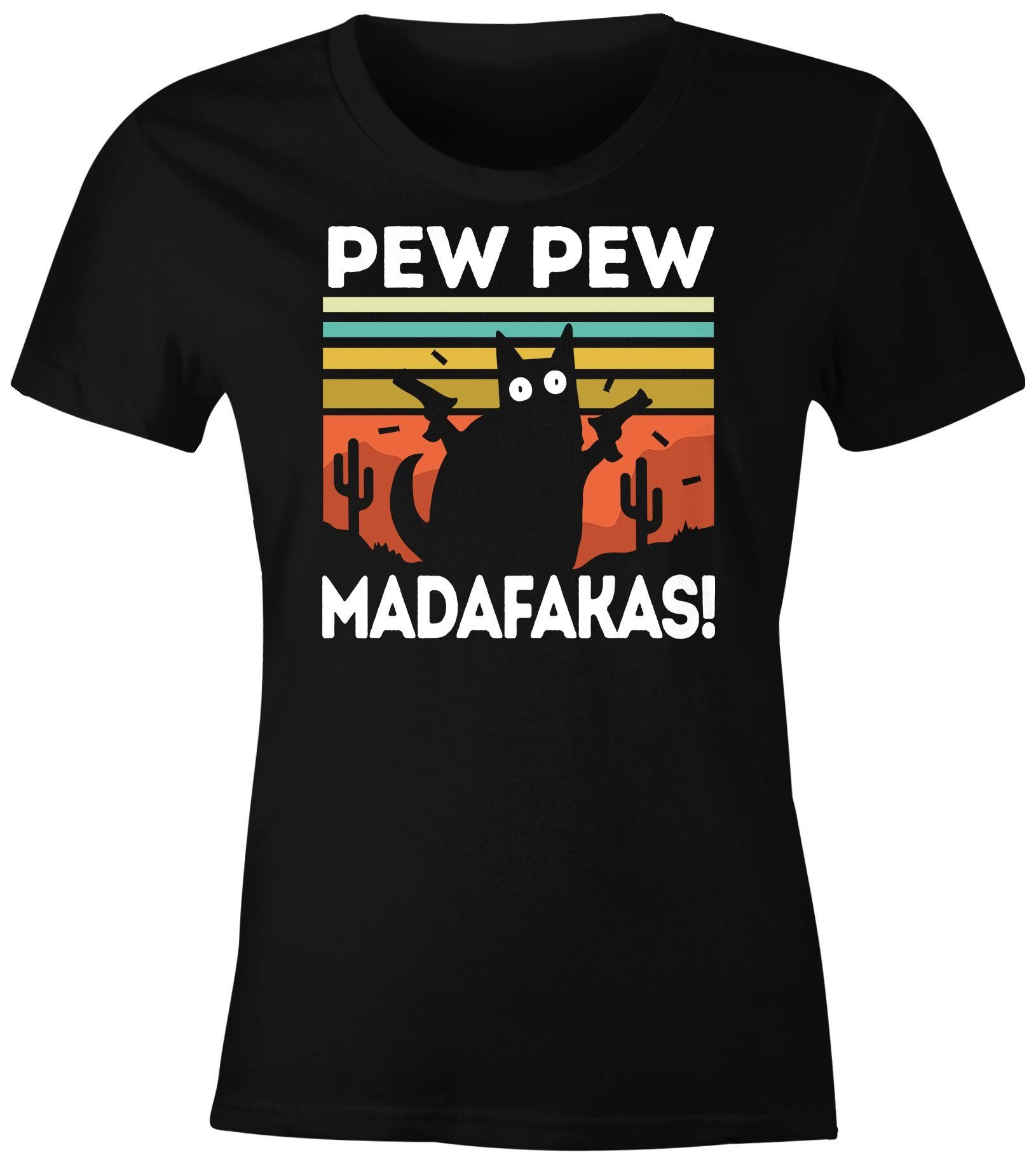 MoonWorks Print-Shirt Damen T-Shirt Pew Pew Madafakas! schwarze Katze Spruch Meme Frauen Fun-Shirt lustig Moonworks® mit Print