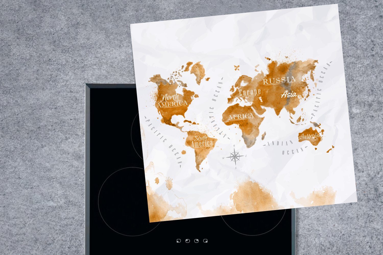 MuchoWow Herdblende-/Abdeckplatte Karte - Vinyl, Welt, Arbeitsplatte (1 Gold tlg), cm, küche für 78x78 - Ceranfeldabdeckung