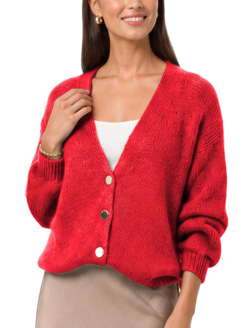 dy_mode Strickjacke Damen Cardigan Grobstrick Strickjacke V-Ausschnitt Übergangsjacke Grobstrick, in Unifarbe, V-Ausschnitt