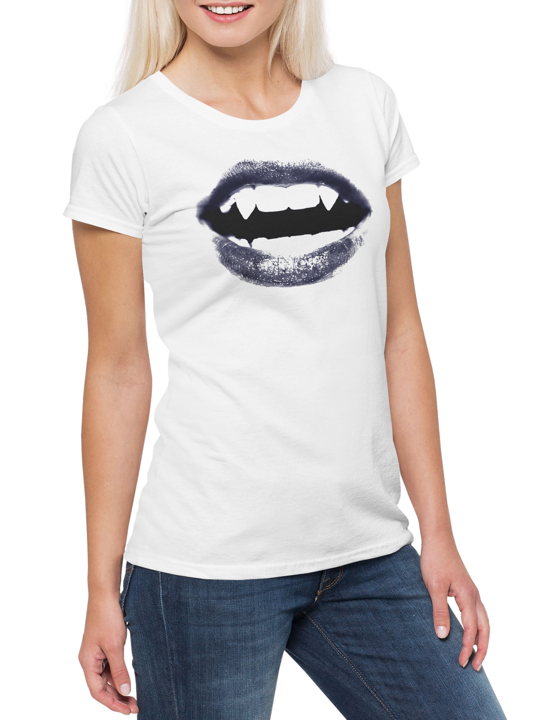 Print-Shirt Vampire Woman Mouth Damen T-Shirt Vampir Girl Lady Blut True Gebiss