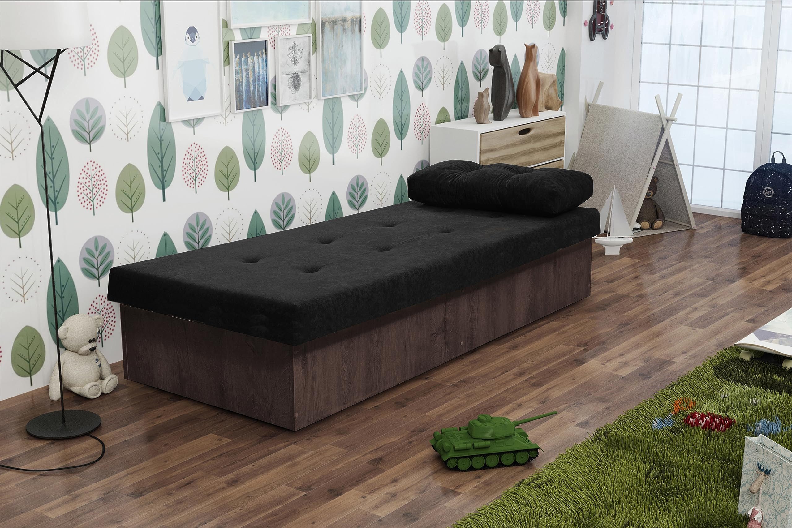 KIER FURNITURE Einzelbett Berta BIS, Einzelbett, 190x80x38cm, Dunkle Esche + Schwarzer Stoff