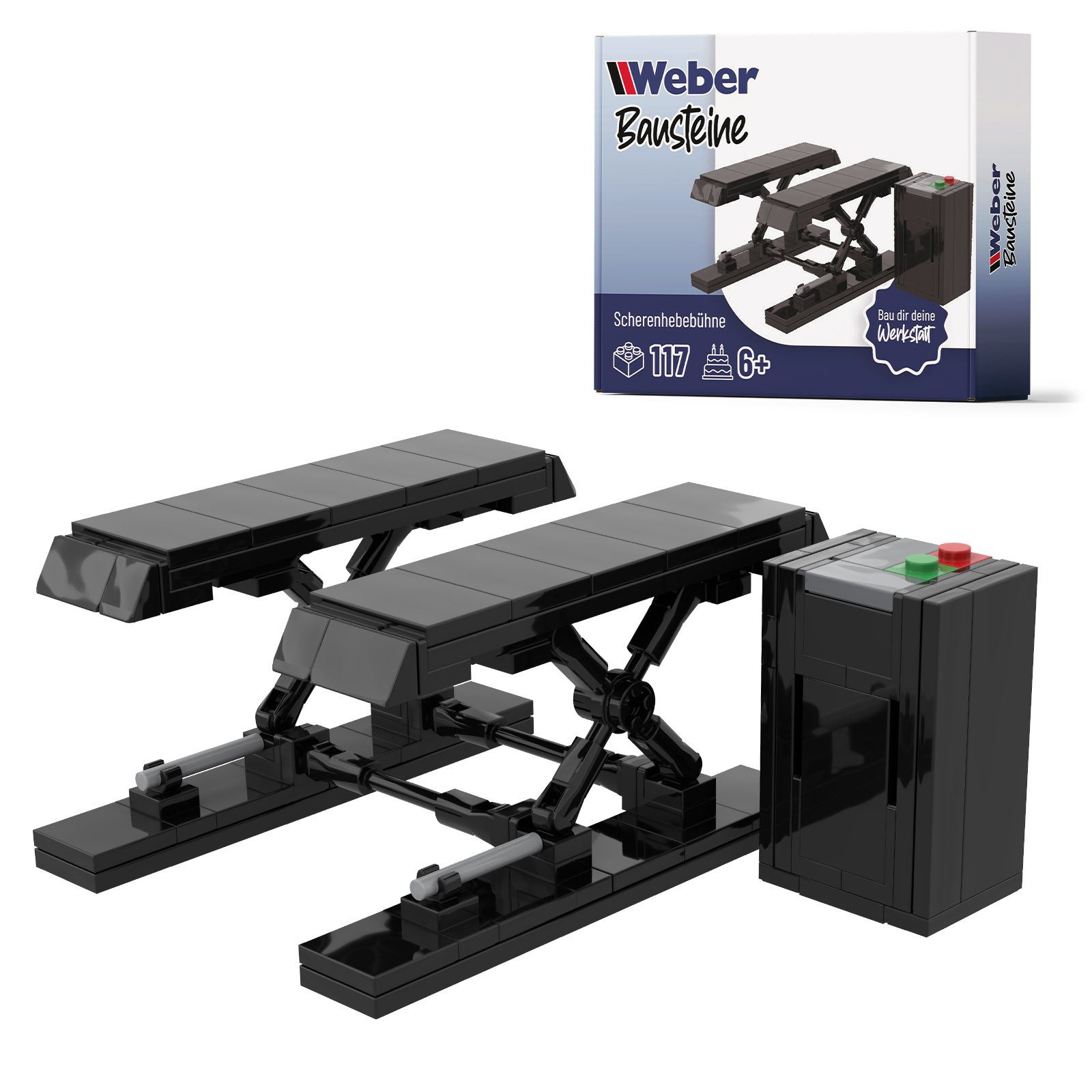 Weber GmbH Bausteine Scherenhebebühne Werkstatt Garage ab 6 Spielbausteine, (Packung, 117 St), Lern-& Spielspaß für Kinder und Erwachsene