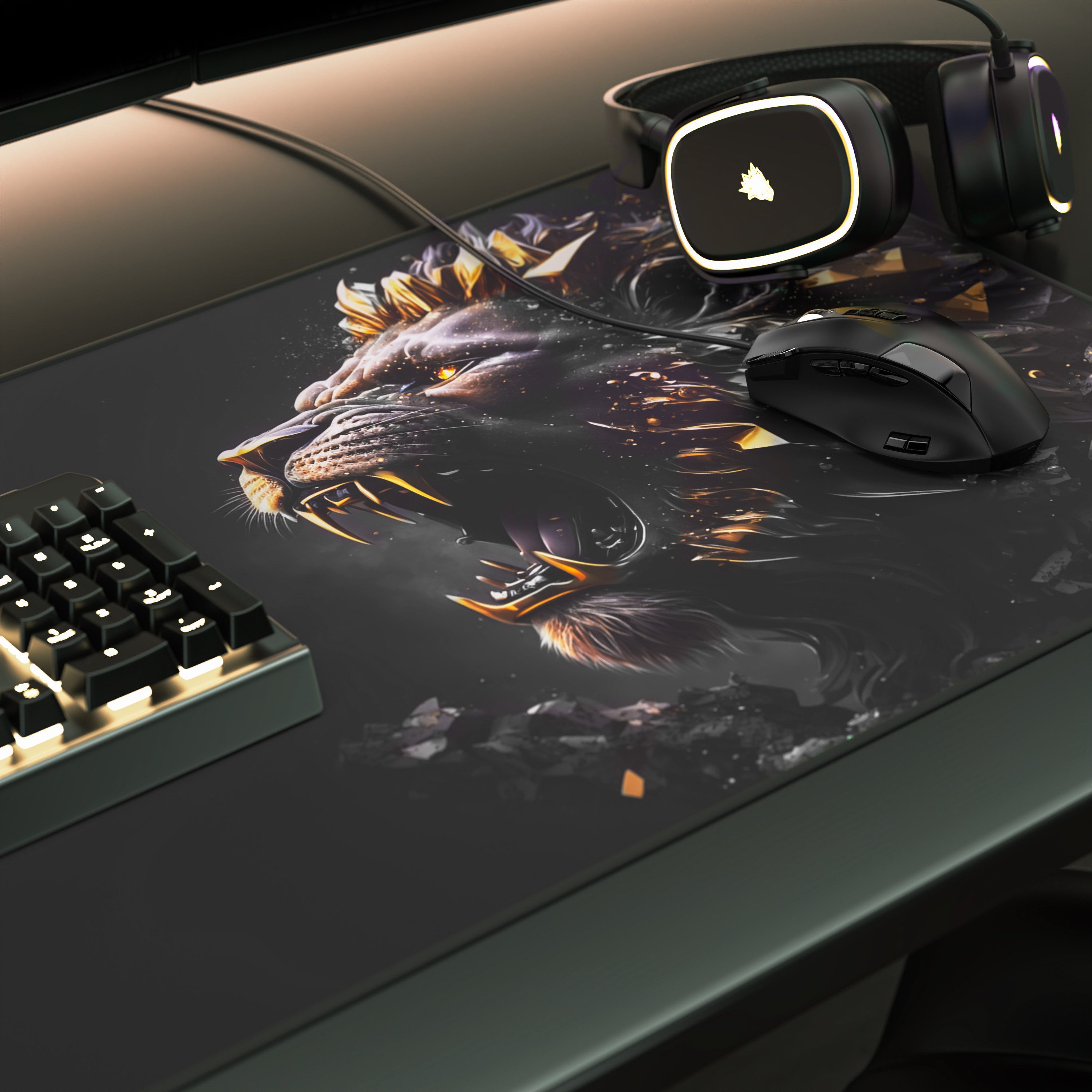 Titanwolf Gaming Mauspad XXL Speed Mousepad 900 x 400 x 3 mm, Schreibtischauflage, abwaschbar, rutschfeste Rückseite, Geschwindigkeit & Präzision, Gold Lion