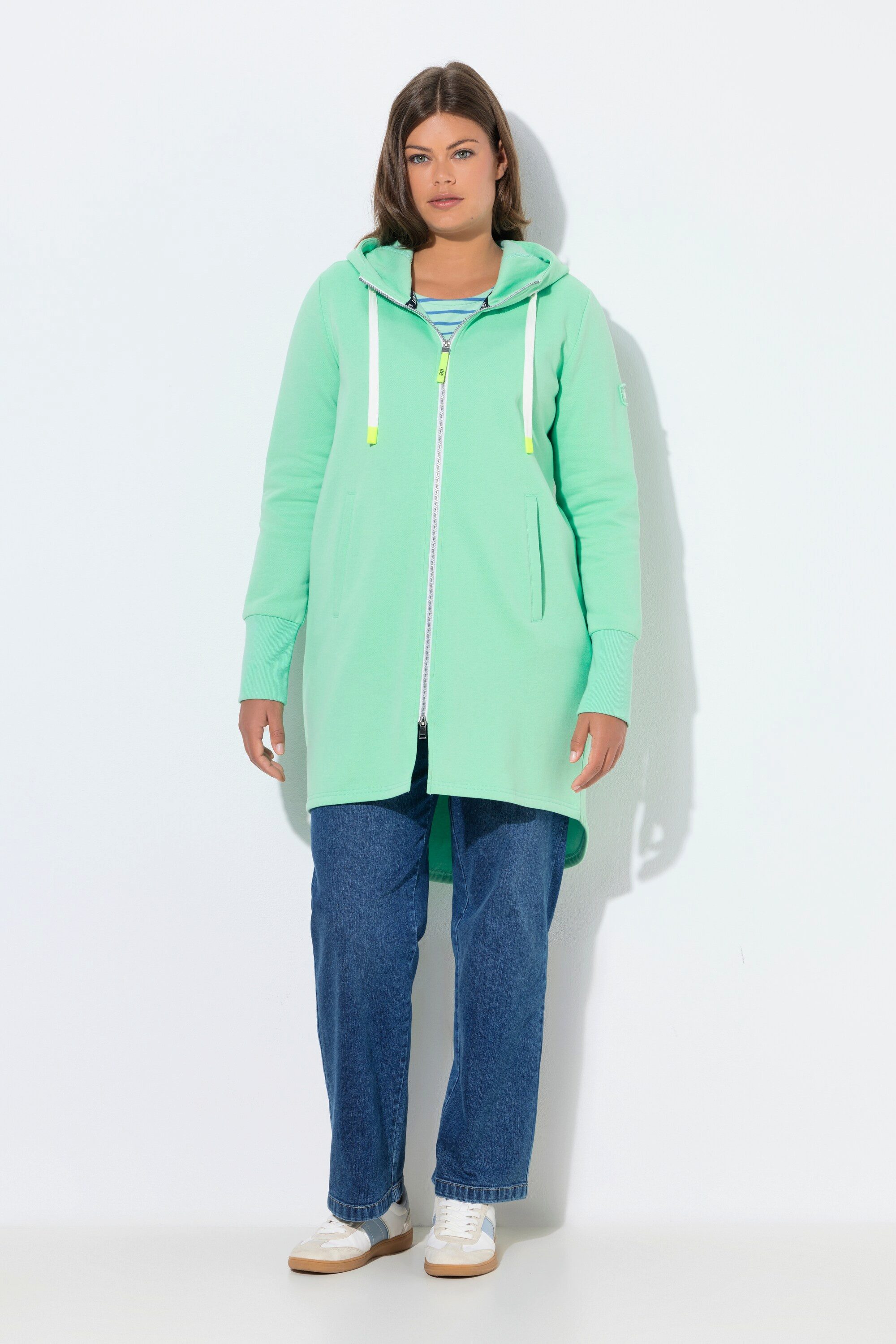 Sweatjacke Sweatjacke lang geschnitten Kapuze Langarm