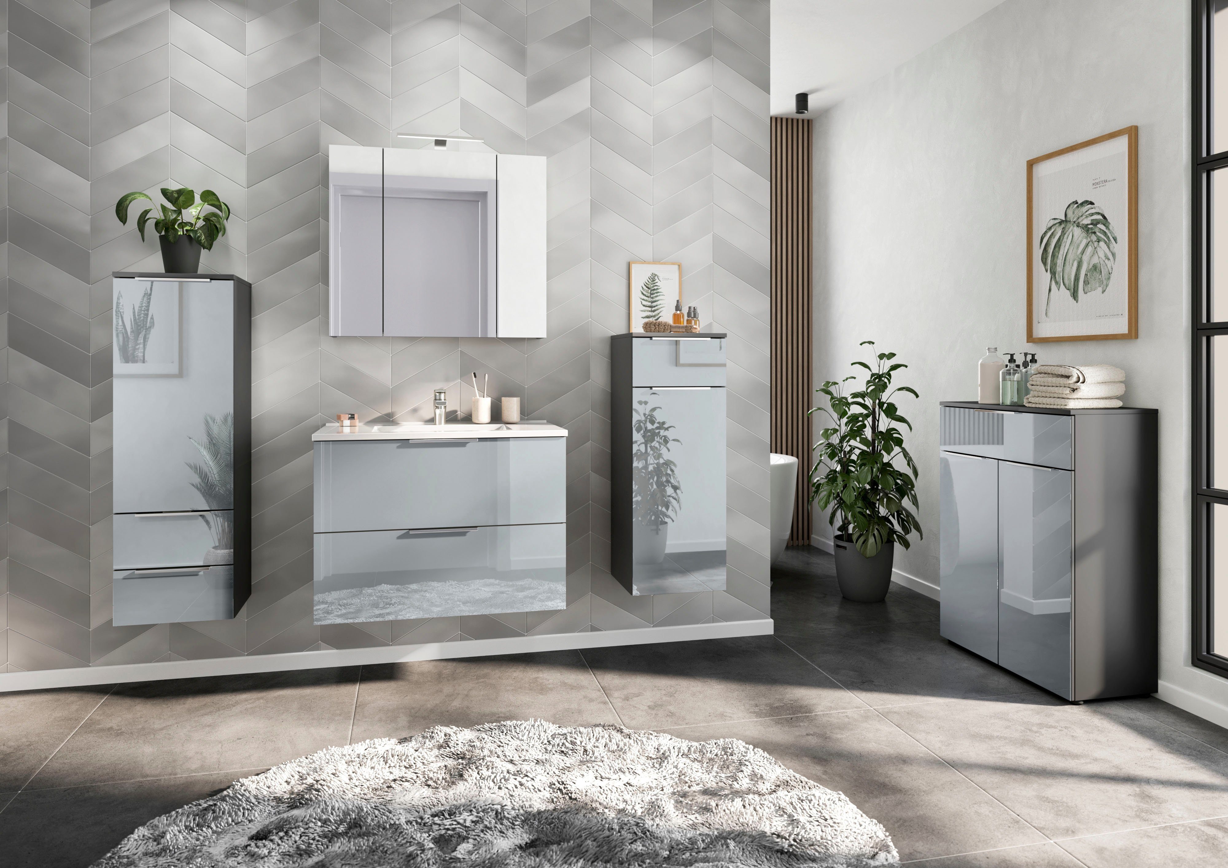 GERMANIA Badmöbel-Set Oakland, (4-St), inkl. WT-Unterschrank, Spiegel, Schrank und Mediumschrank