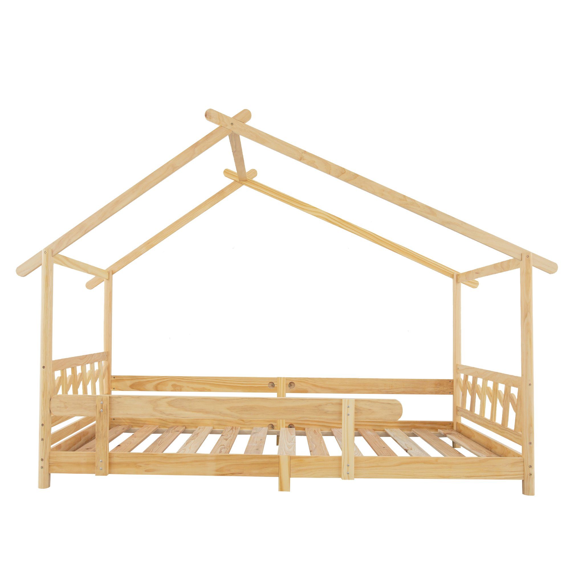 Ohne Bettrahmen Rausfallschutz Jugendliche Holzbett HAUSS und Einzelbett Lattenrost), Natur SPLOE Hausbett für (Mit und mit Kinderbett Kinder 200x90cm, Matratze Gitter Kinderbett