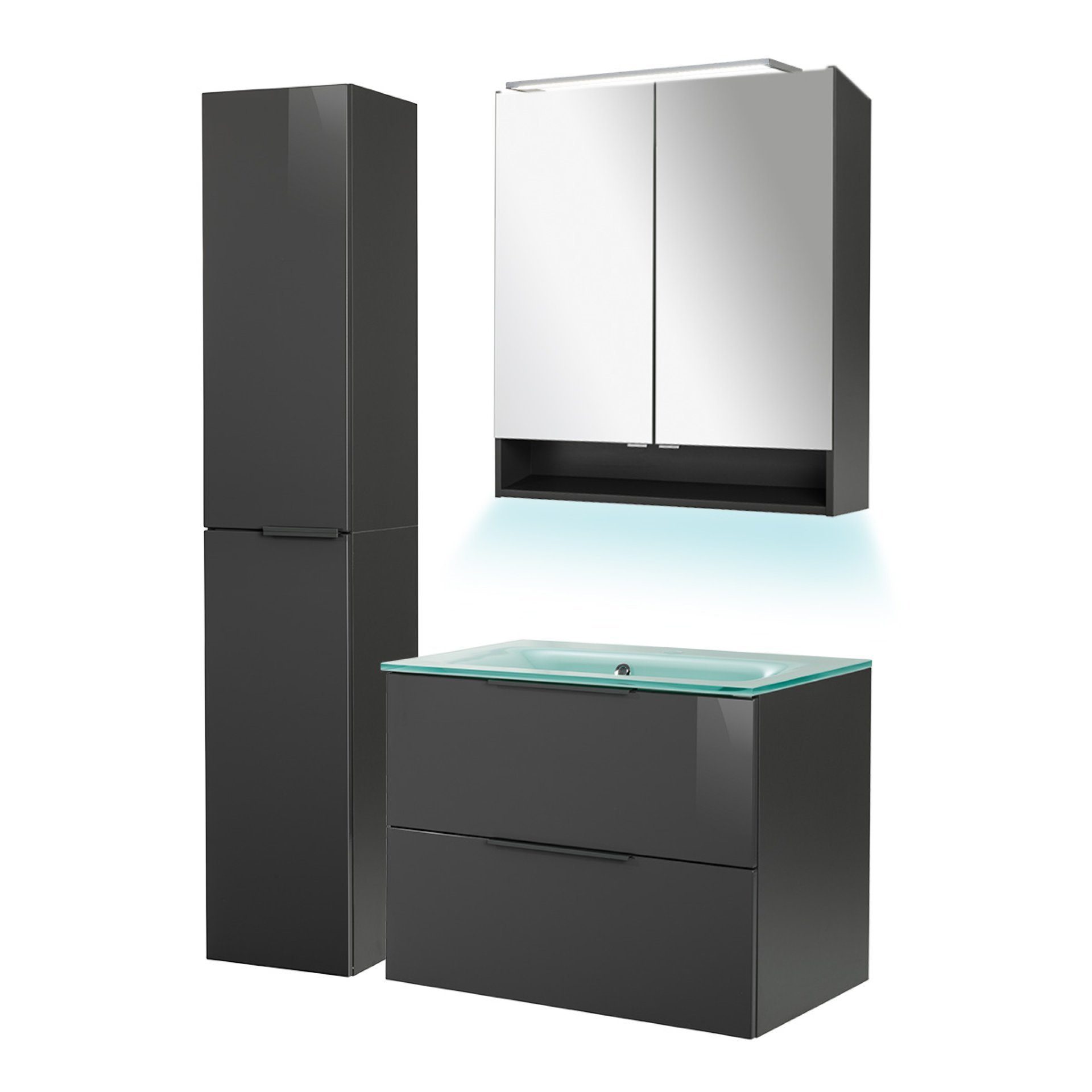 FACKELMANN Badmöbel-Set LUNA Badmöbel Set 5-teilig 80 cm, Glas Mint+Spiegelschrank+Hochschrank