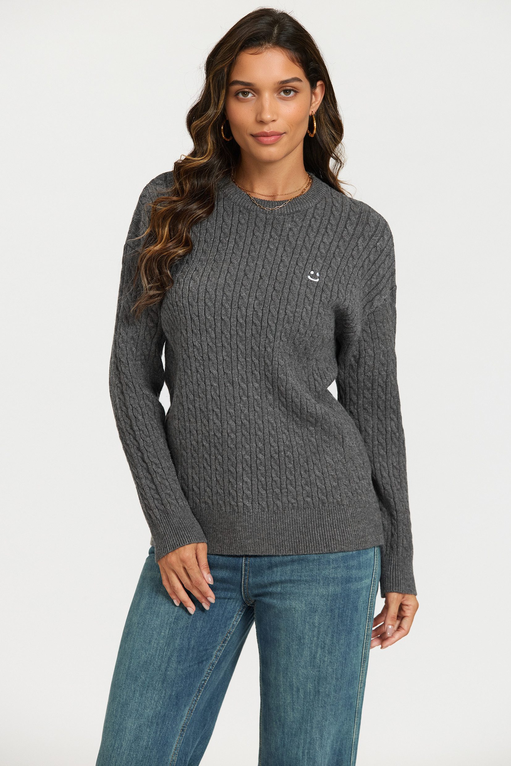 FS Collection Strickpullover Damen Strickpullover Zopfmuster Rundhals Smiley Stickerei (Einheitsgröße EU 36–44 / UK 8–16) Wollmischung mit Zopfmuster und Smiley-Stickerei