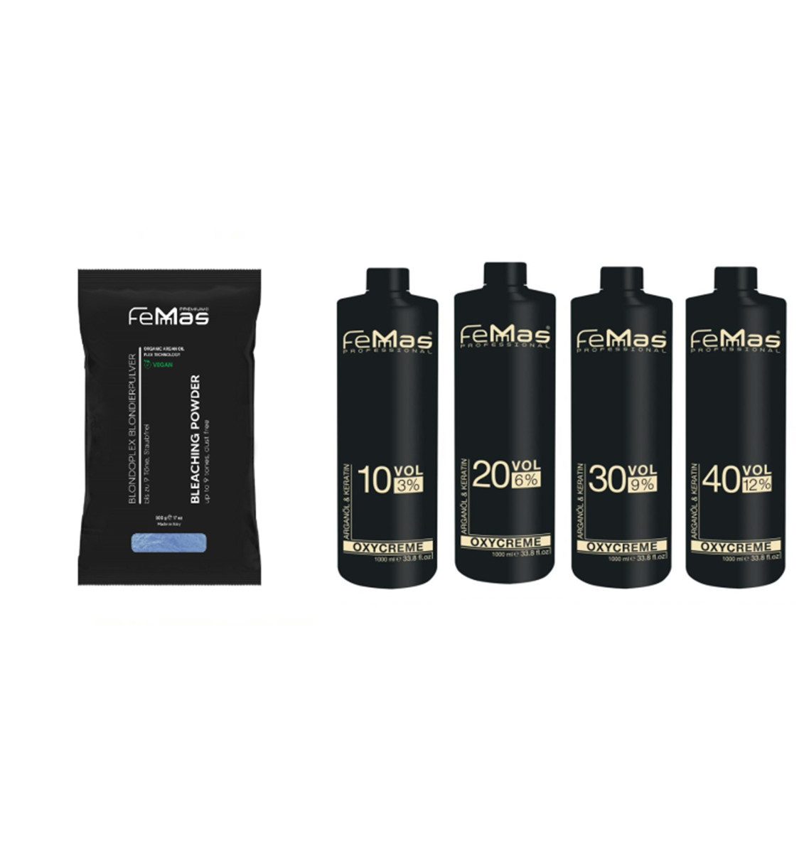 Femmas Premium Haarfarbe FemMas Blondierpulver Blau mit Arganöl 500g + Oxycreme 1 L 3,/6,9,12%