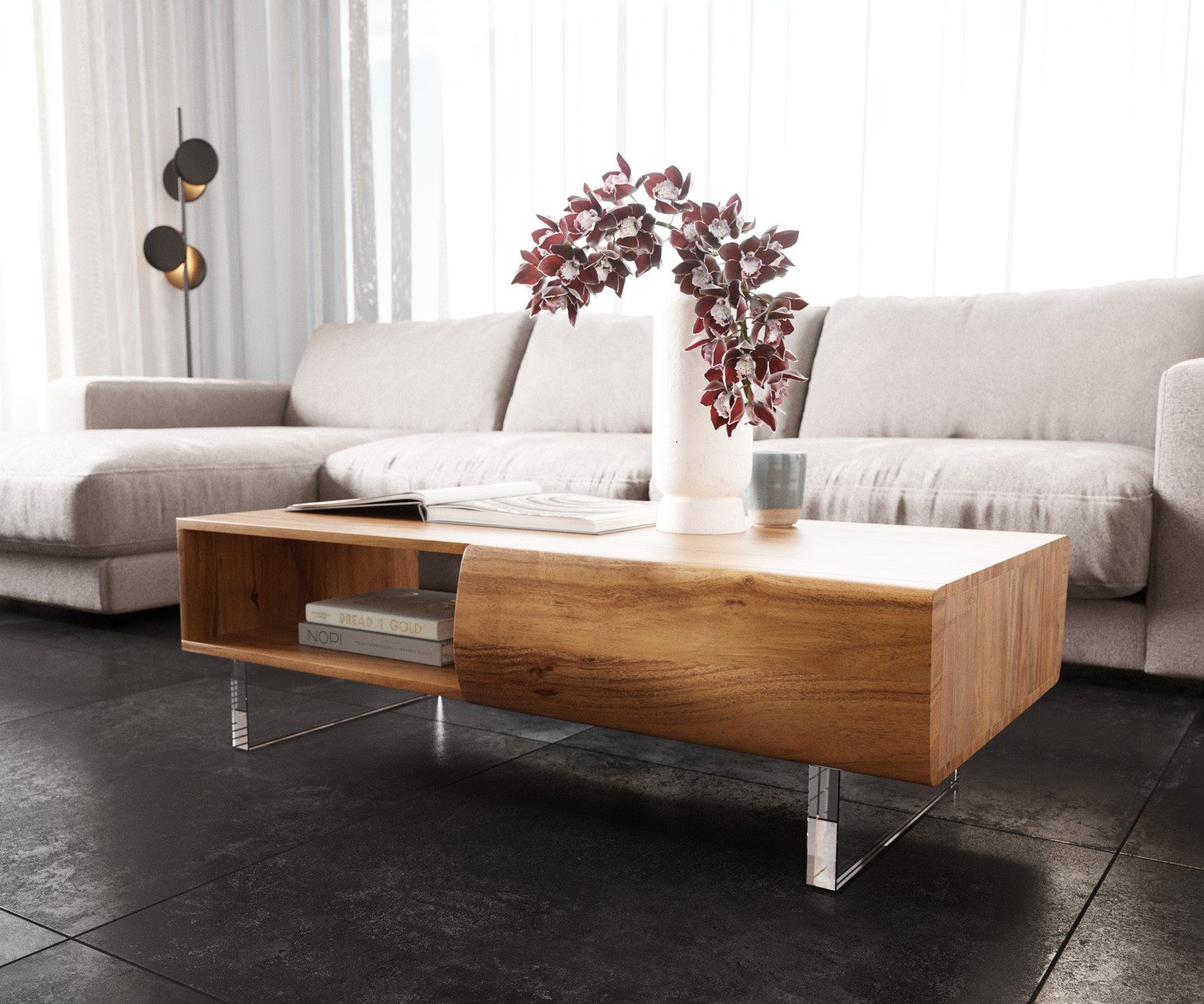 DELIFE Couchtisch New, Live-Edge Akazie Natur 115x60 cm 2 Schubladen 1 Fach Acrylfuß Couchtis